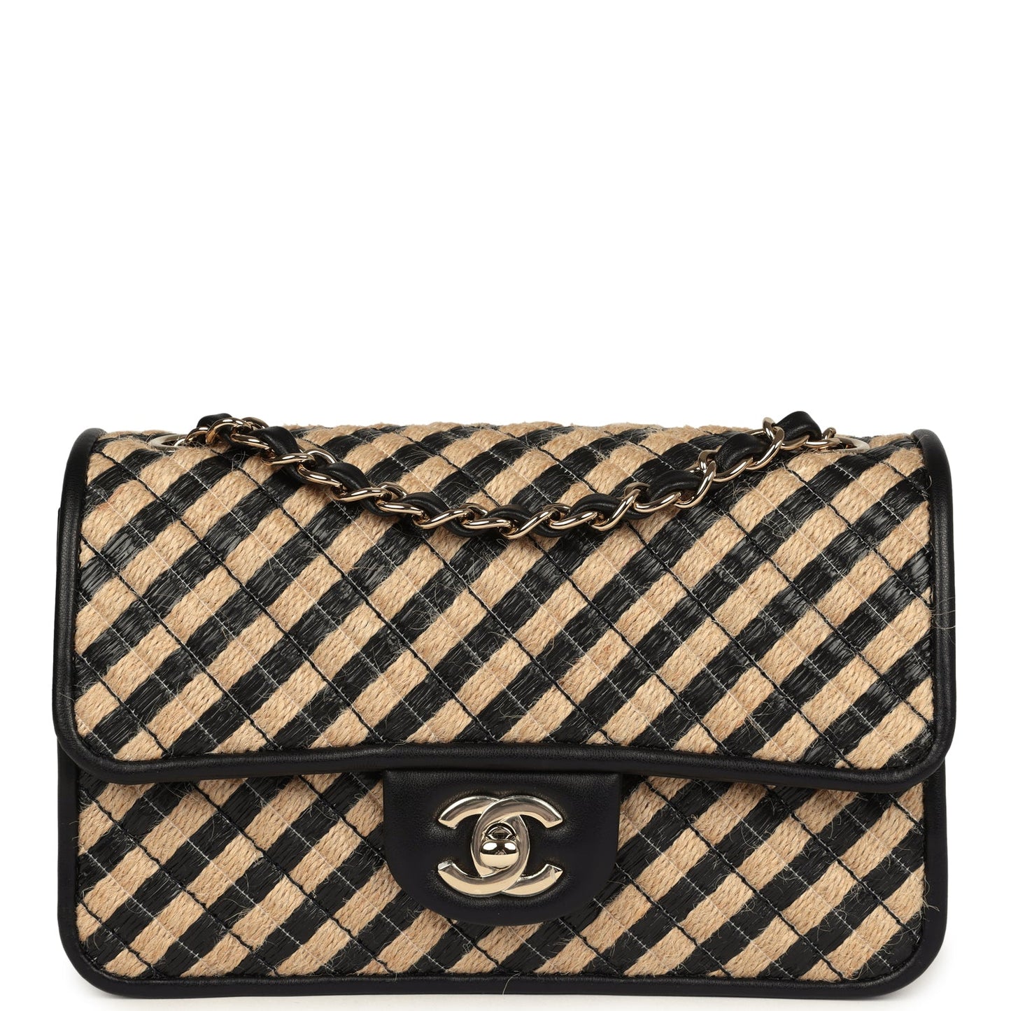 Chanel Small Urban Jungle Flap Beige and Black Stripe Raffia Jute Gold Hardware Handbag