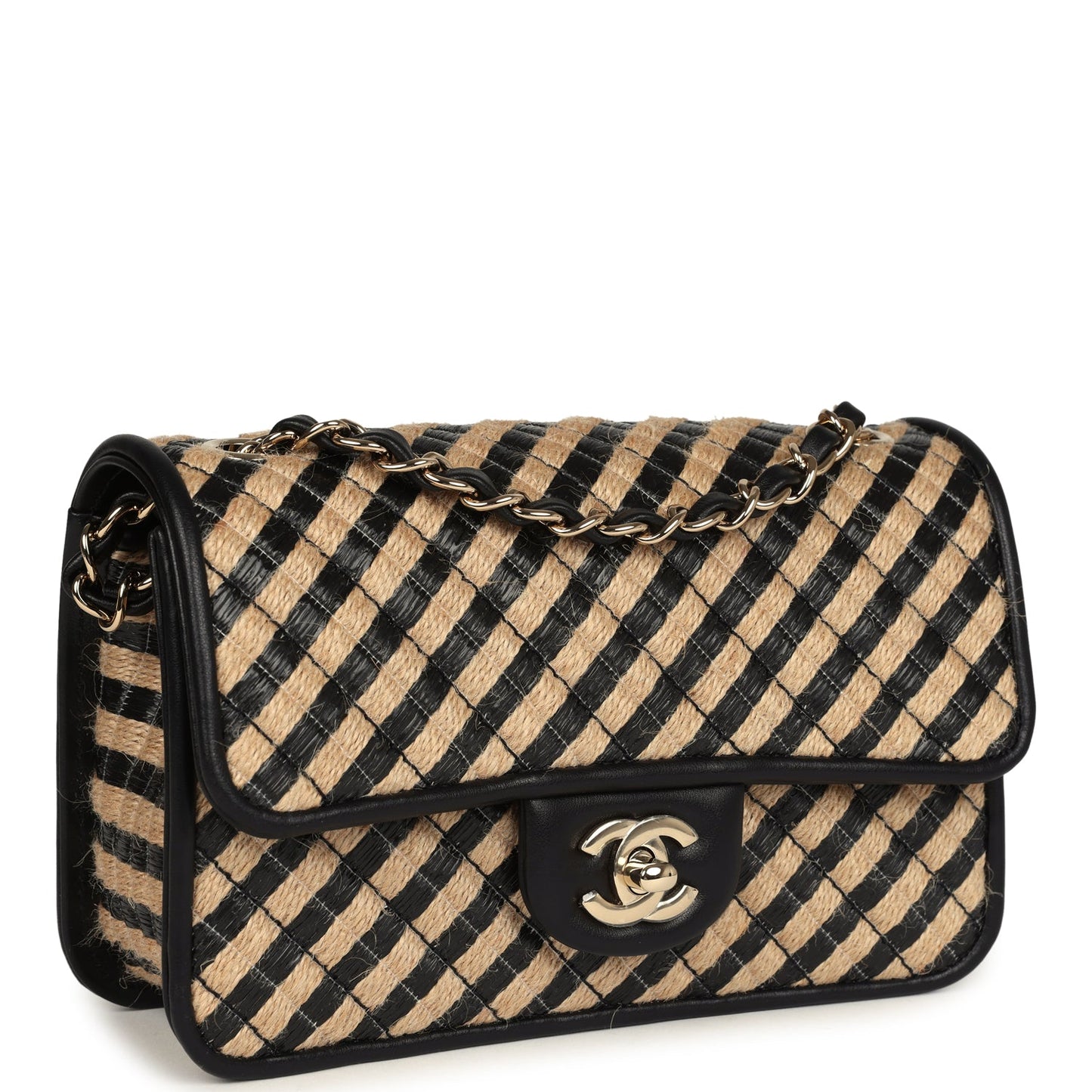 Chanel Small Urban Jungle Flap Beige And Black Stripe Raffia Jute Gold Hardware Bag