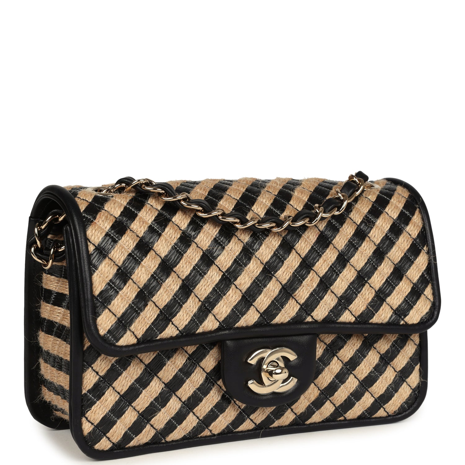 Chanel Small Urban Jungle Flap Beige And Black Stripe Raffia Jute Gold Hardware Bag
