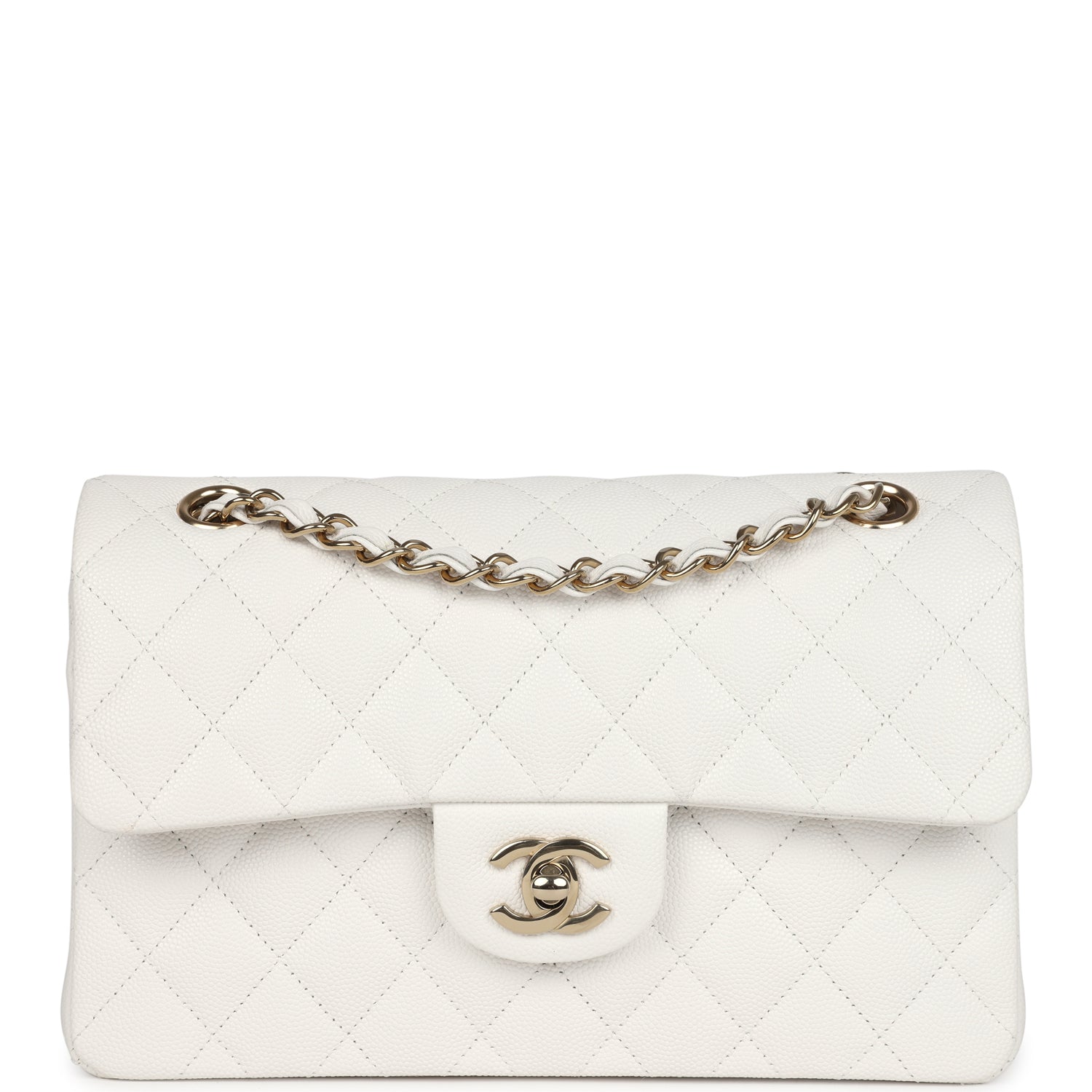Chanel Small Classic Double Flap White Caviar Light Gold Hardware Handbag