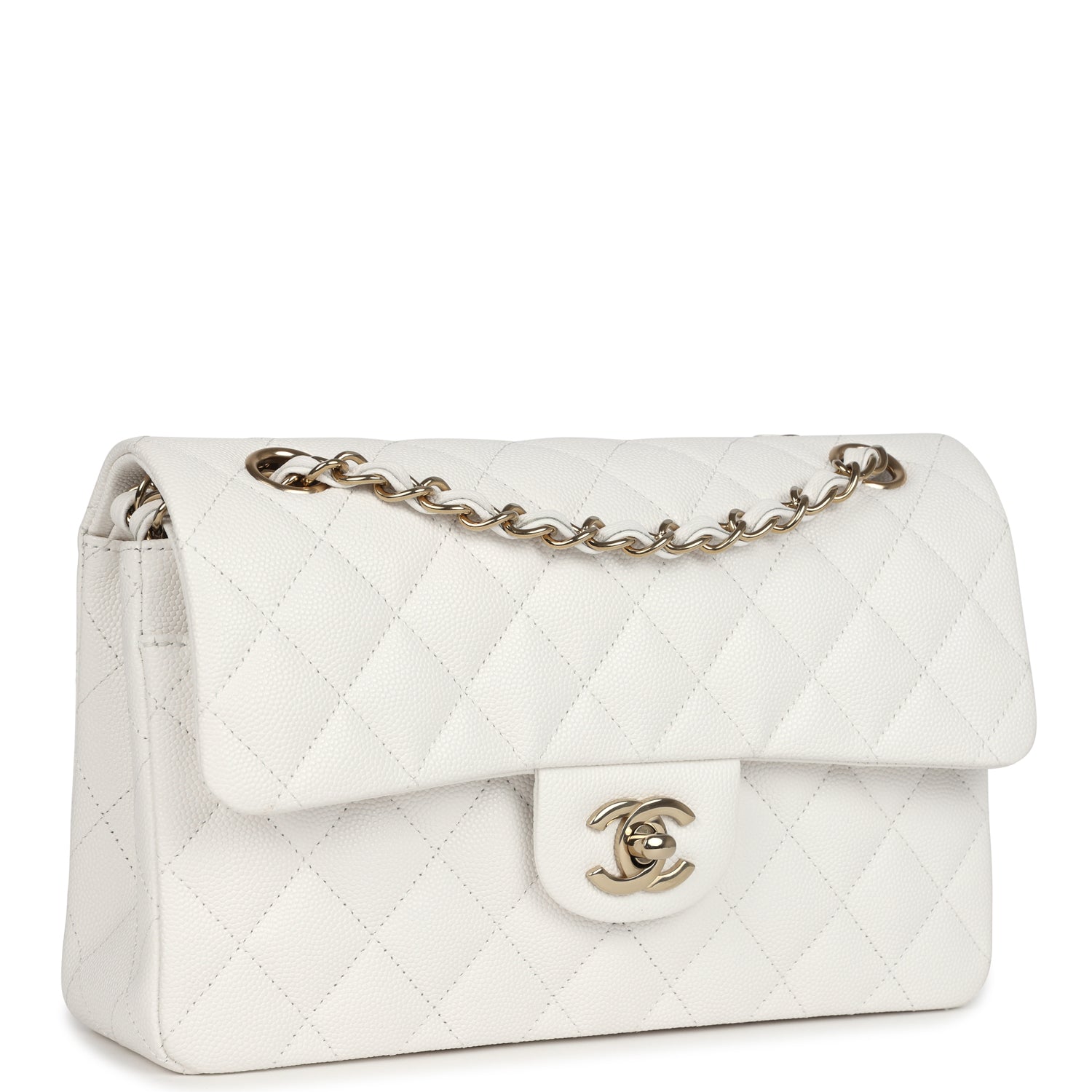 Chanel Small Classic Double Flap White Caviar Light Gold Hardware Handbag