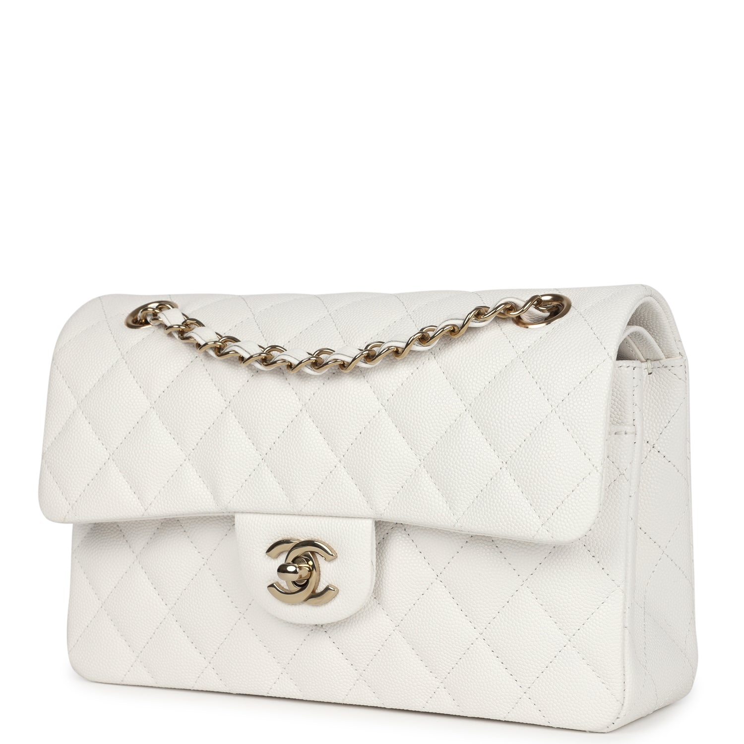Chanel Small Classic Double Flap White Caviar Light Gold Hardware Handbag