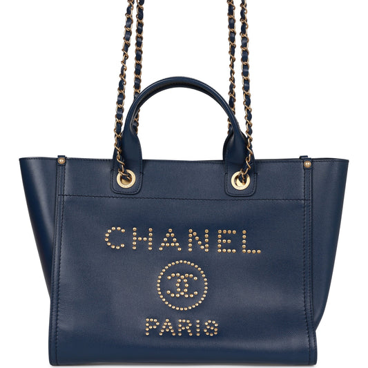 Chanel Small Deauville Shopping Bag Blue Caviar Antique Gold Hardware