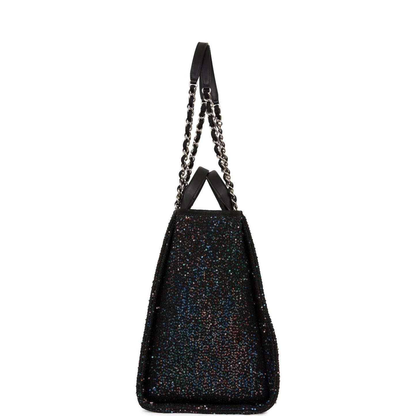 Chanel Large Deauville Shopping Bag Black Sequin Boucle Silver Hardware