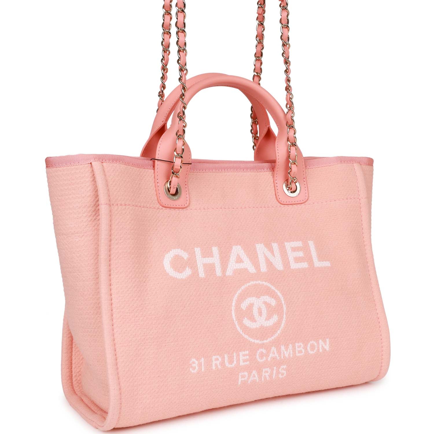 Chanel Small Deauville Shopping Bag Pink Boucle Light Gold Hardware