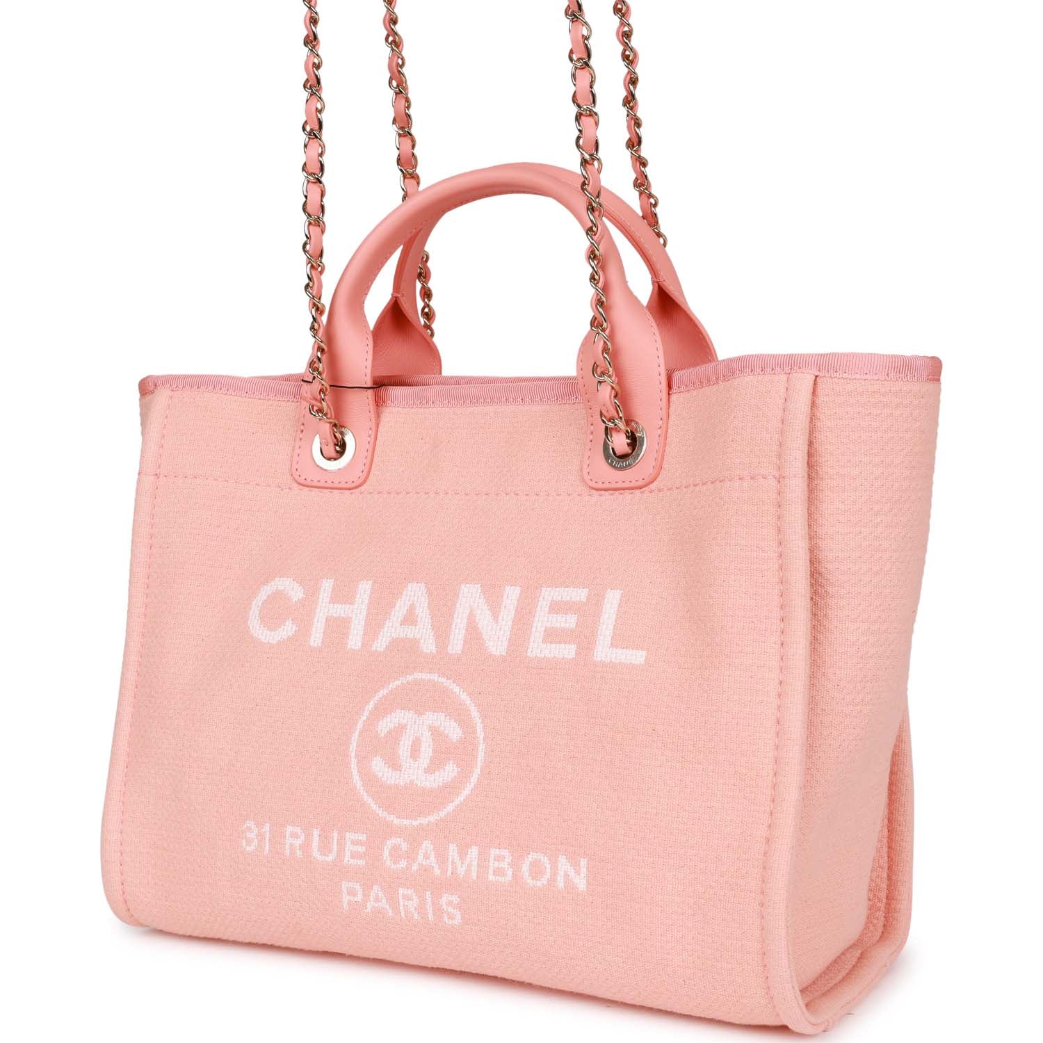 Chanel Small Deauville Shopping Bag Pink Boucle Light Gold Hardware