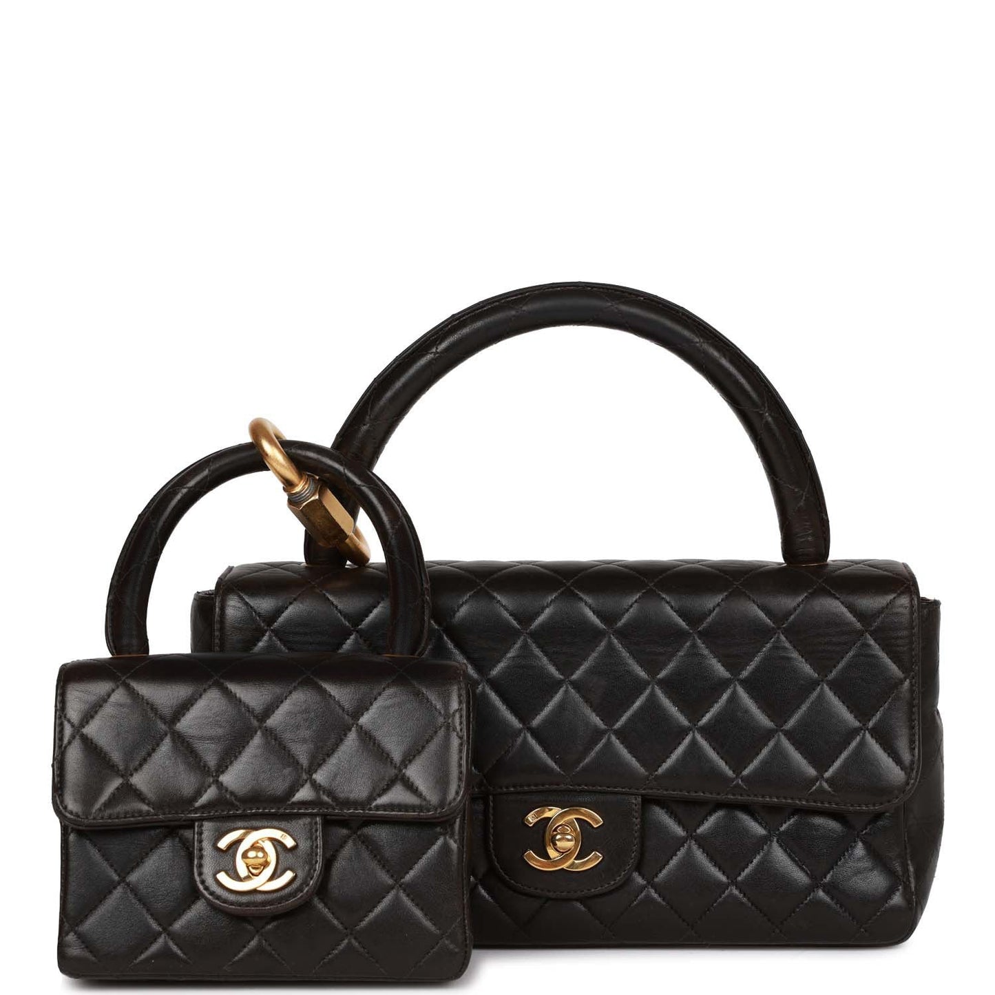   Chanel Kelly Parent and Child Flap Bag Set Black Lambskin Gold Hardware