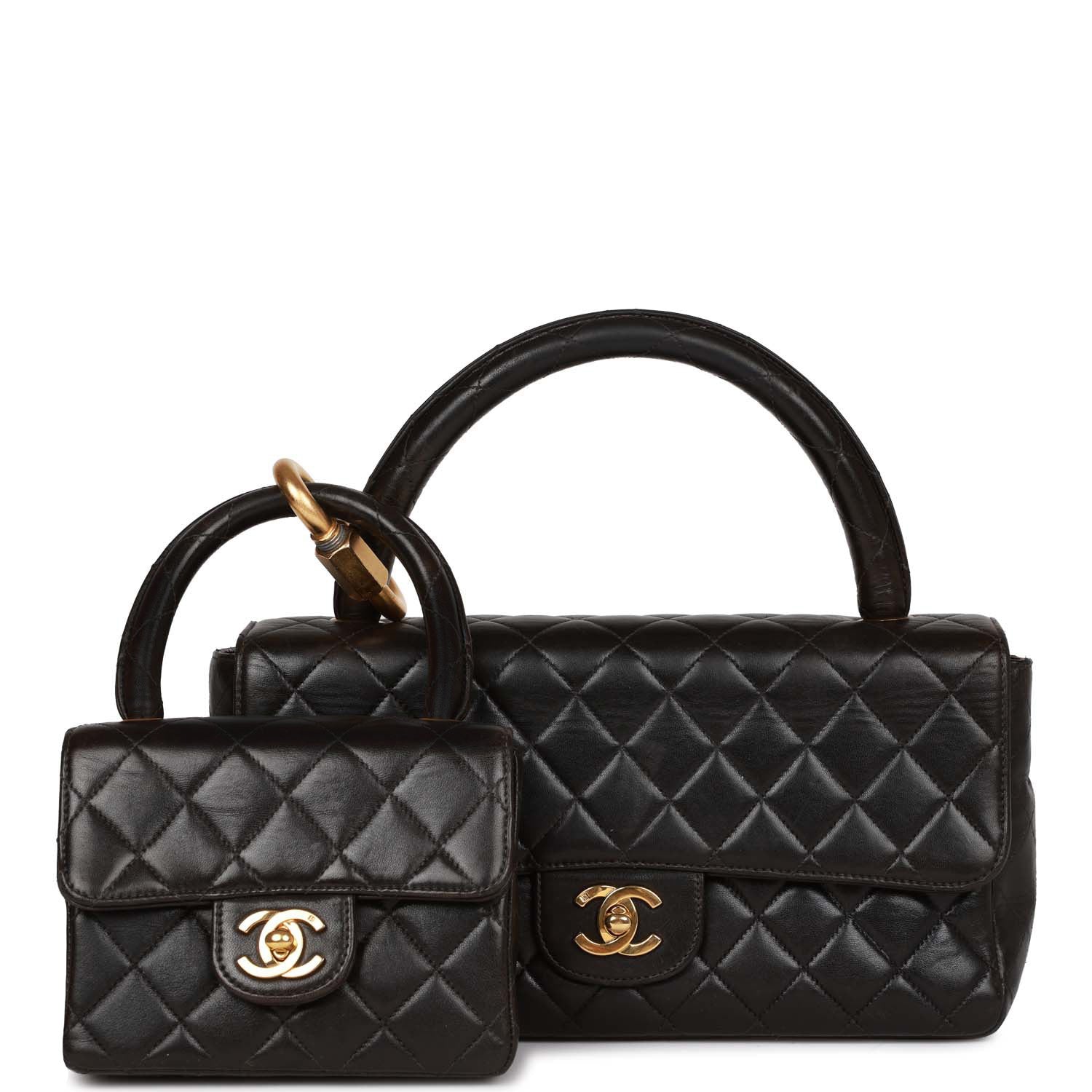   Chanel Kelly Parent and Child Flap Bag Set Black Lambskin Gold Hardware
