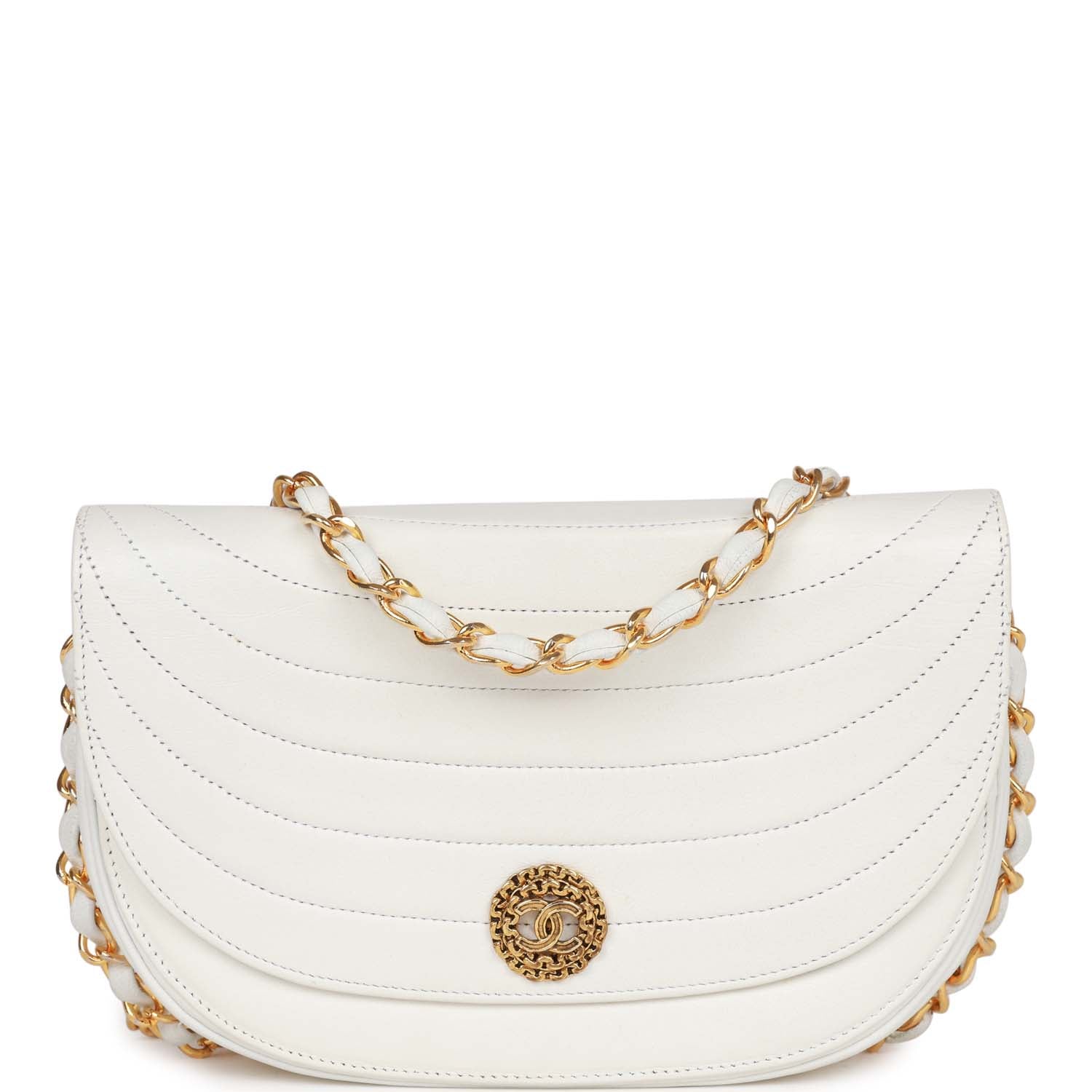   Chanel Half Moon Shoulder Bag White Lambskin Gold Hardware