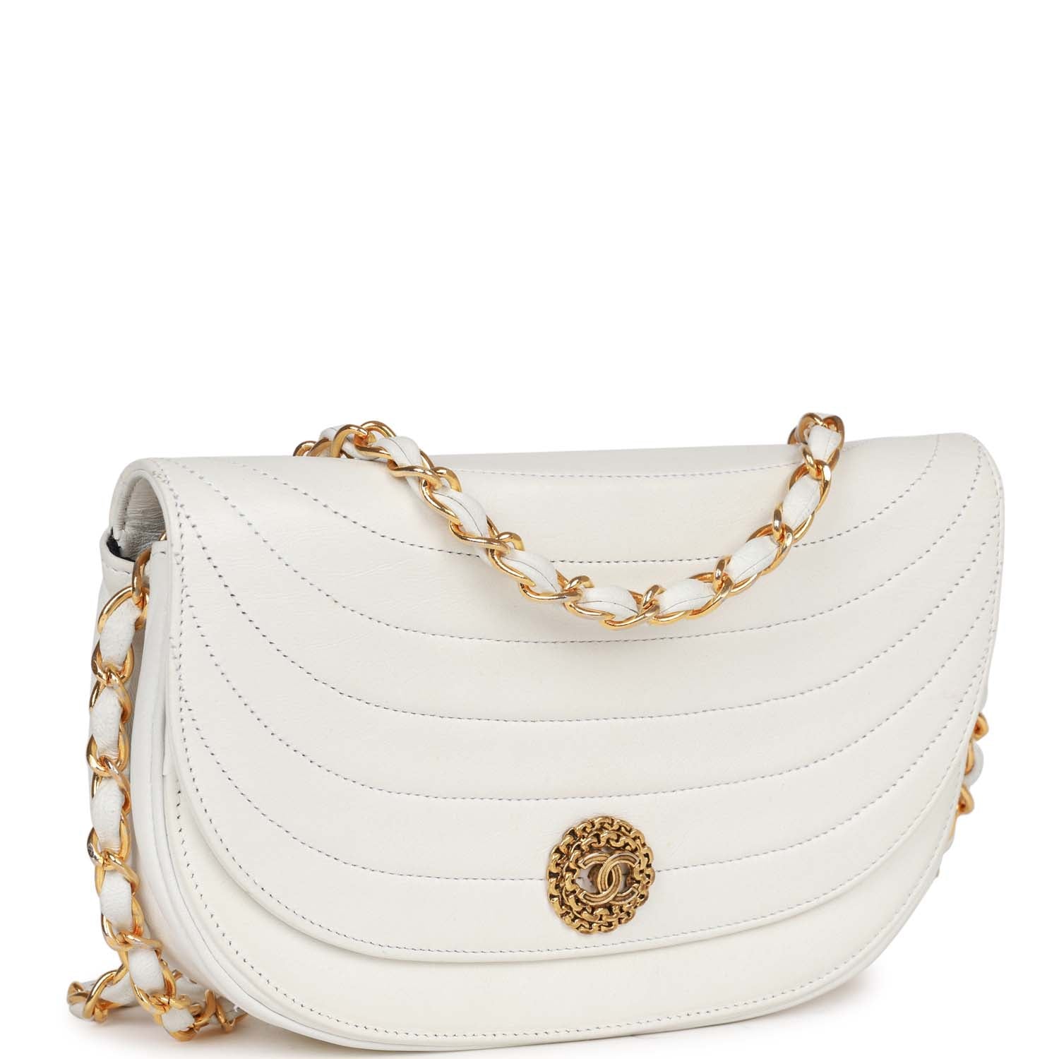   Chanel Half Moon Shoulder Bag White Lambskin Gold Hardware