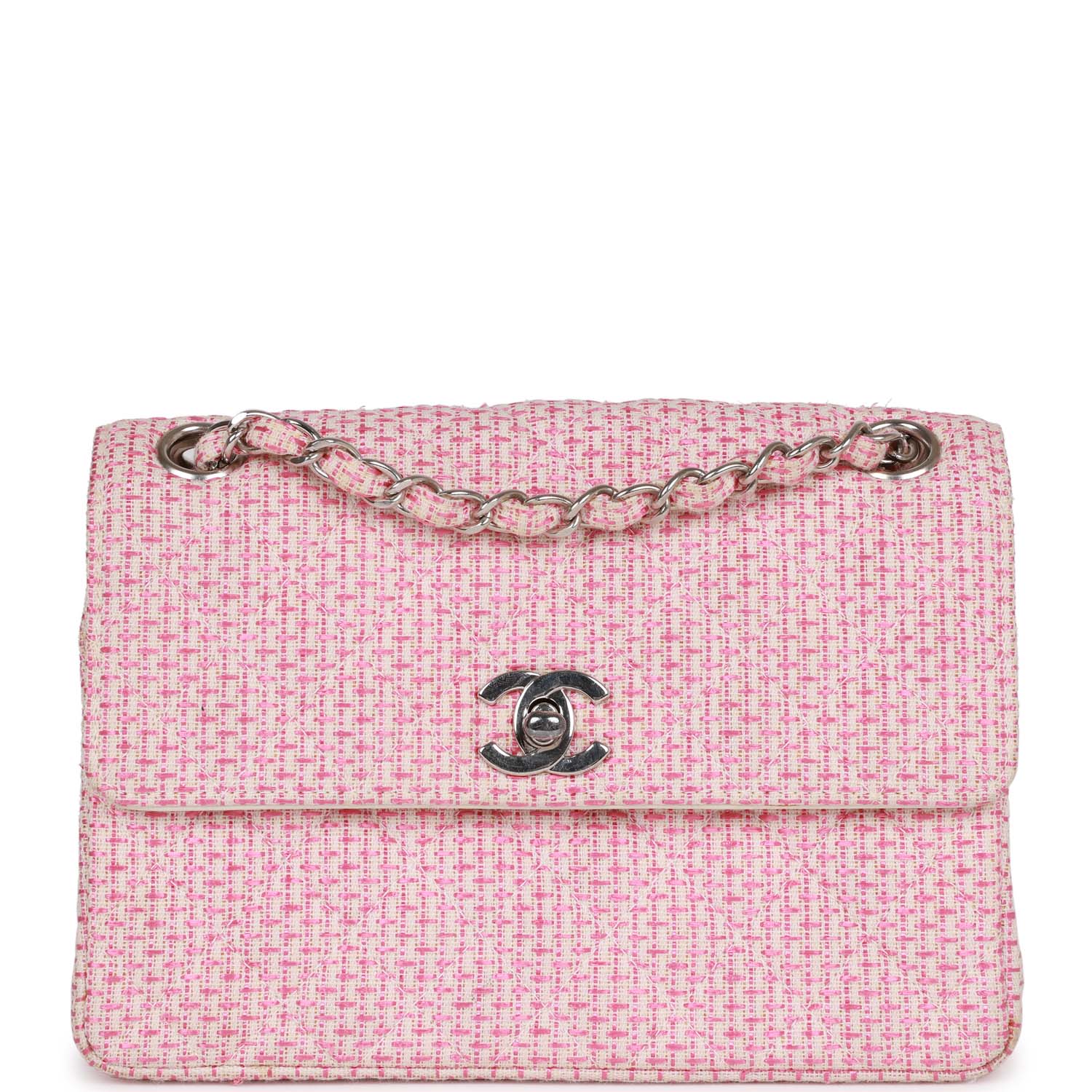   Chanel Classic Mini Flap Bag Pink Tweed Silver Hardware