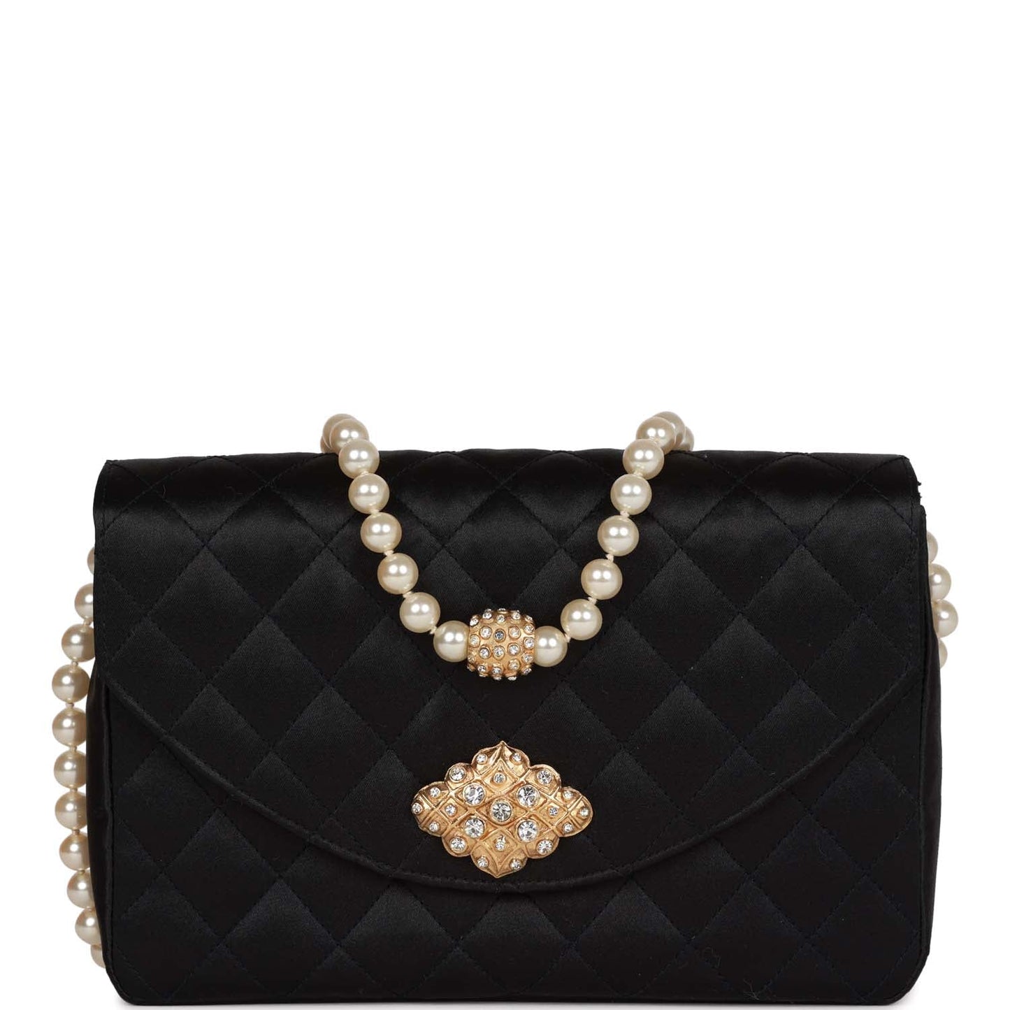   Chanel Gripoix Pearl Chain Bag Black Satin Gold Hardware