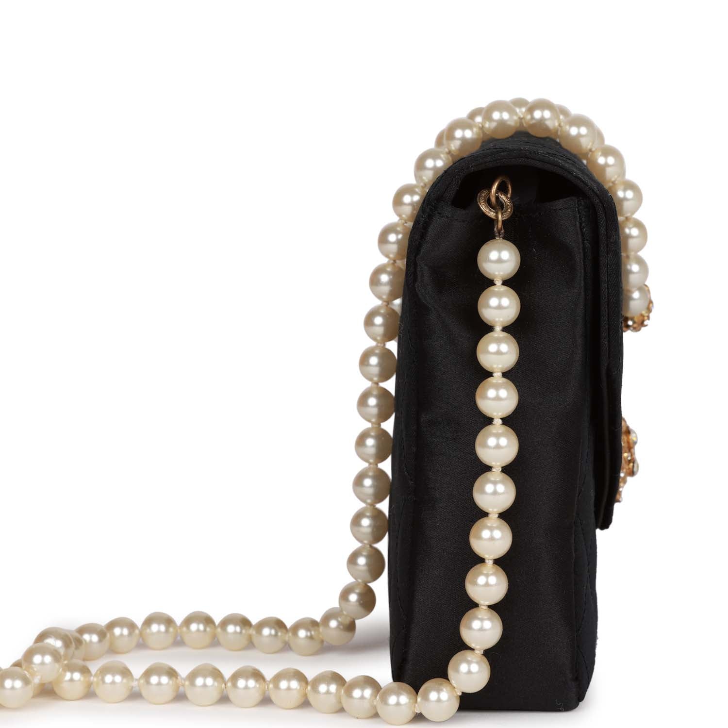   Chanel Gripoix Pearl Chain Bag Black Satin Gold Hardware
