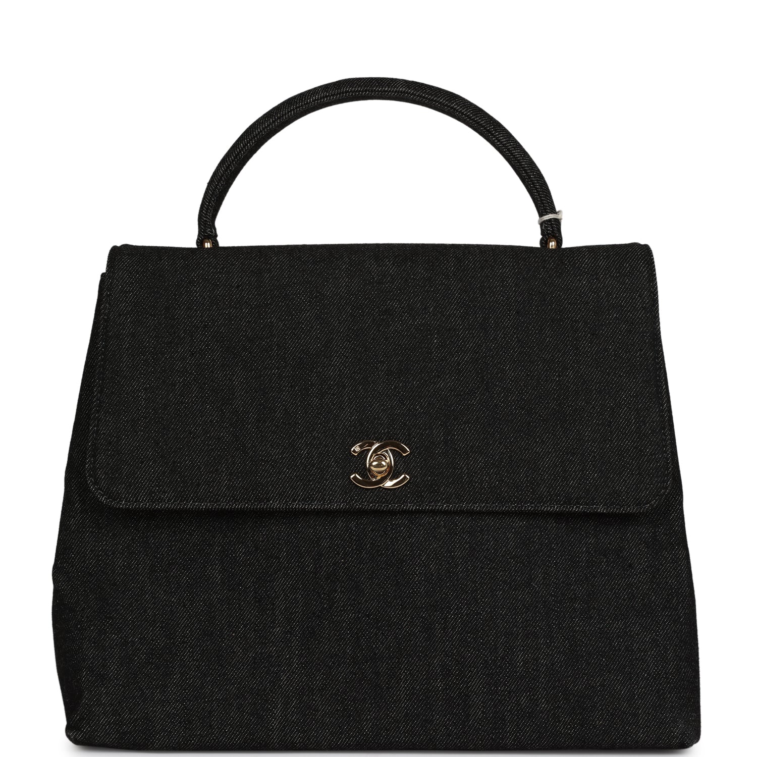   Chanel Kelly Top Handle Bag Black Denim Gold Hardware