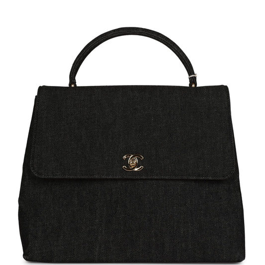   Chanel Kelly Top Handle Bag Black Denim Gold Hardware