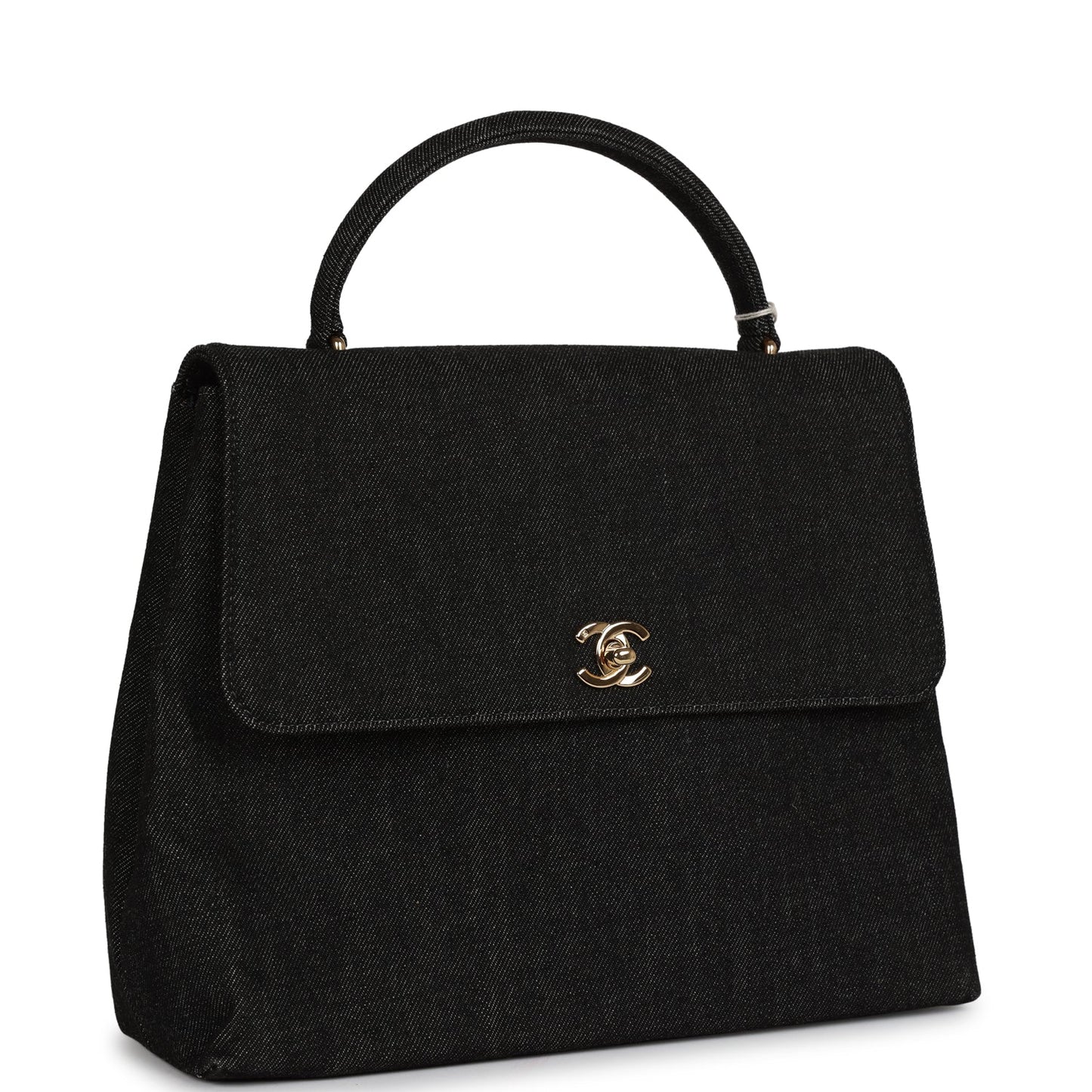   Chanel Kelly Top Handle Bag Black Denim Gold Hardware