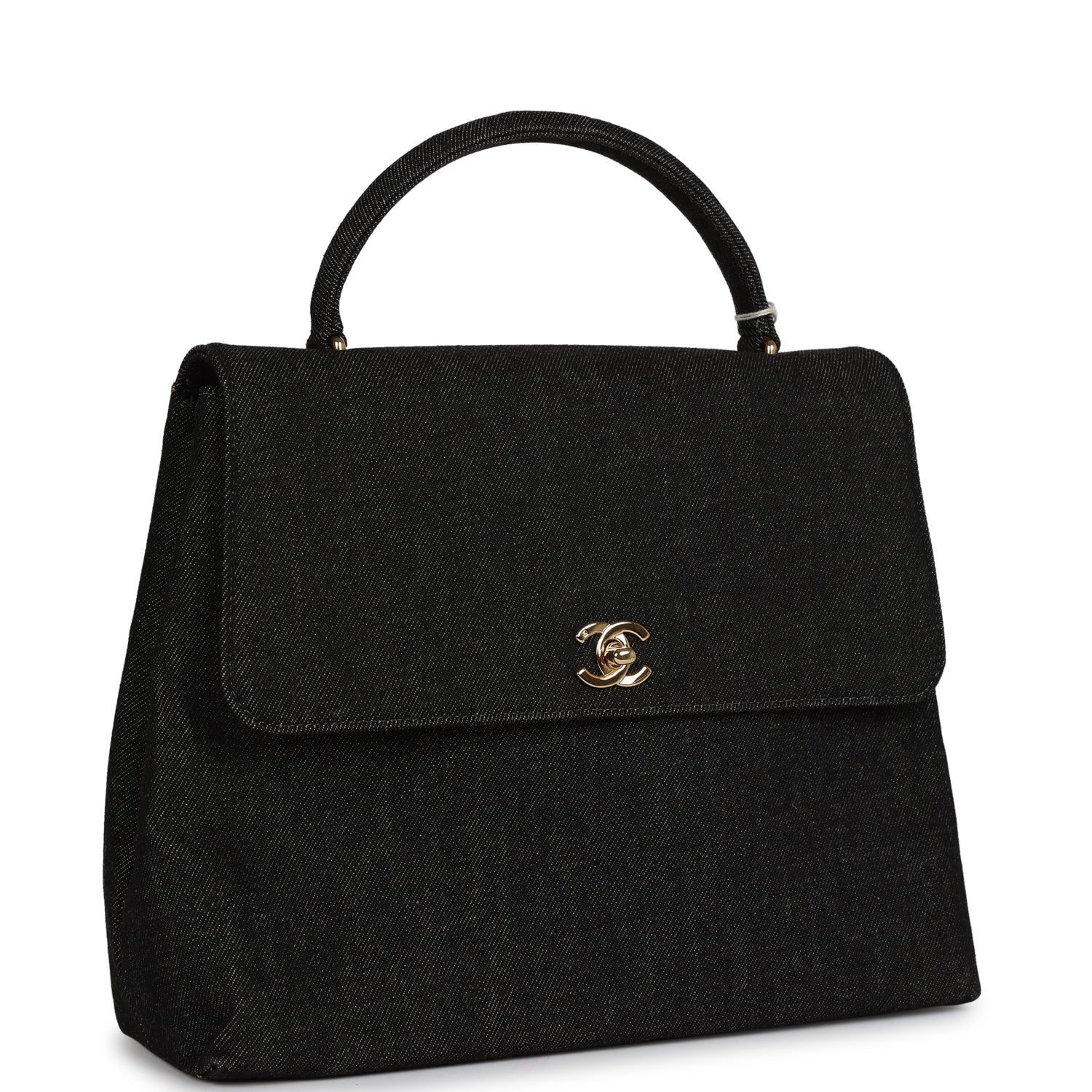   Chanel Kelly Top Handle Bag Black Denim Gold Hardware