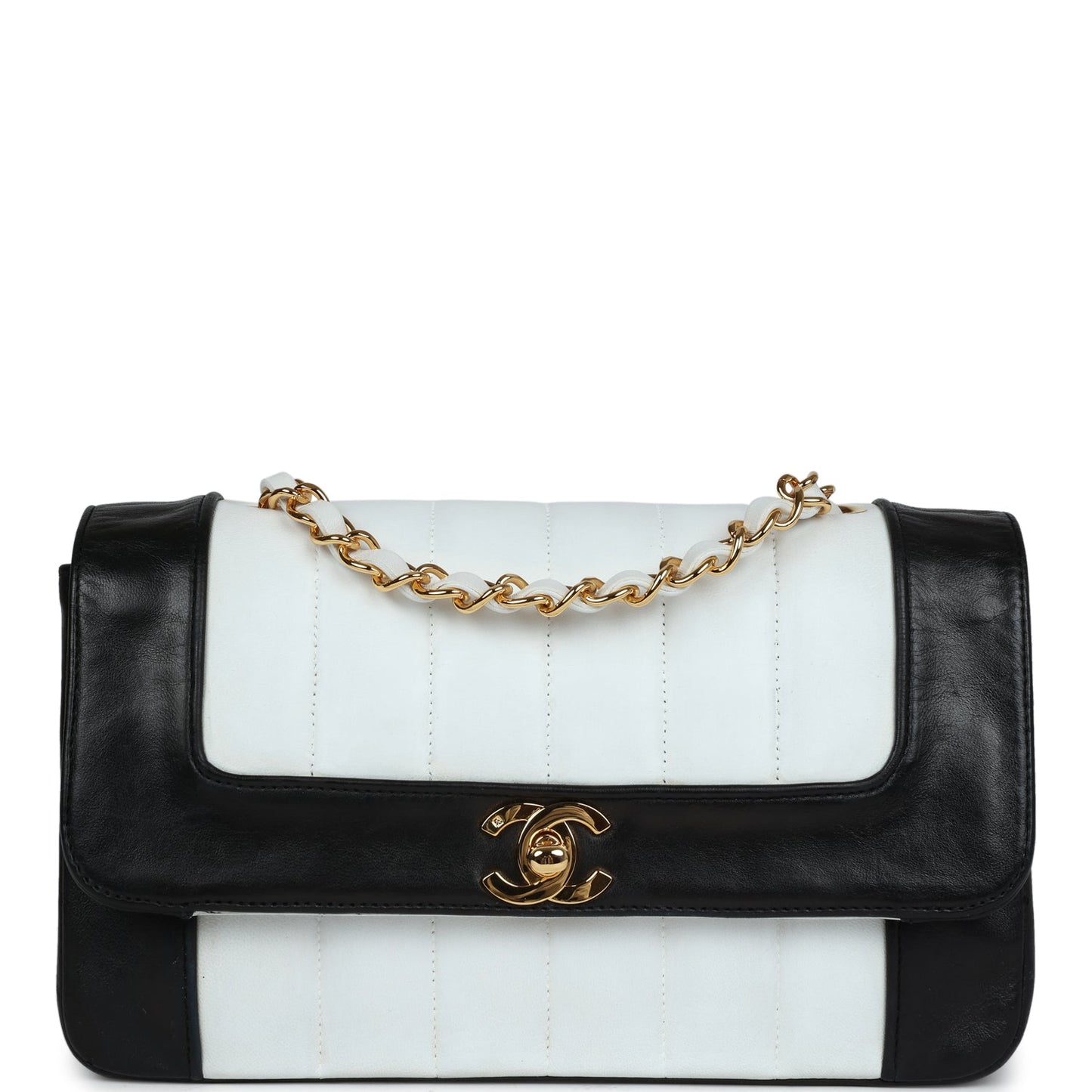 Chanel Small Mademoiselle Flap White and Navy Lambskin Gold Hardware Handbag
