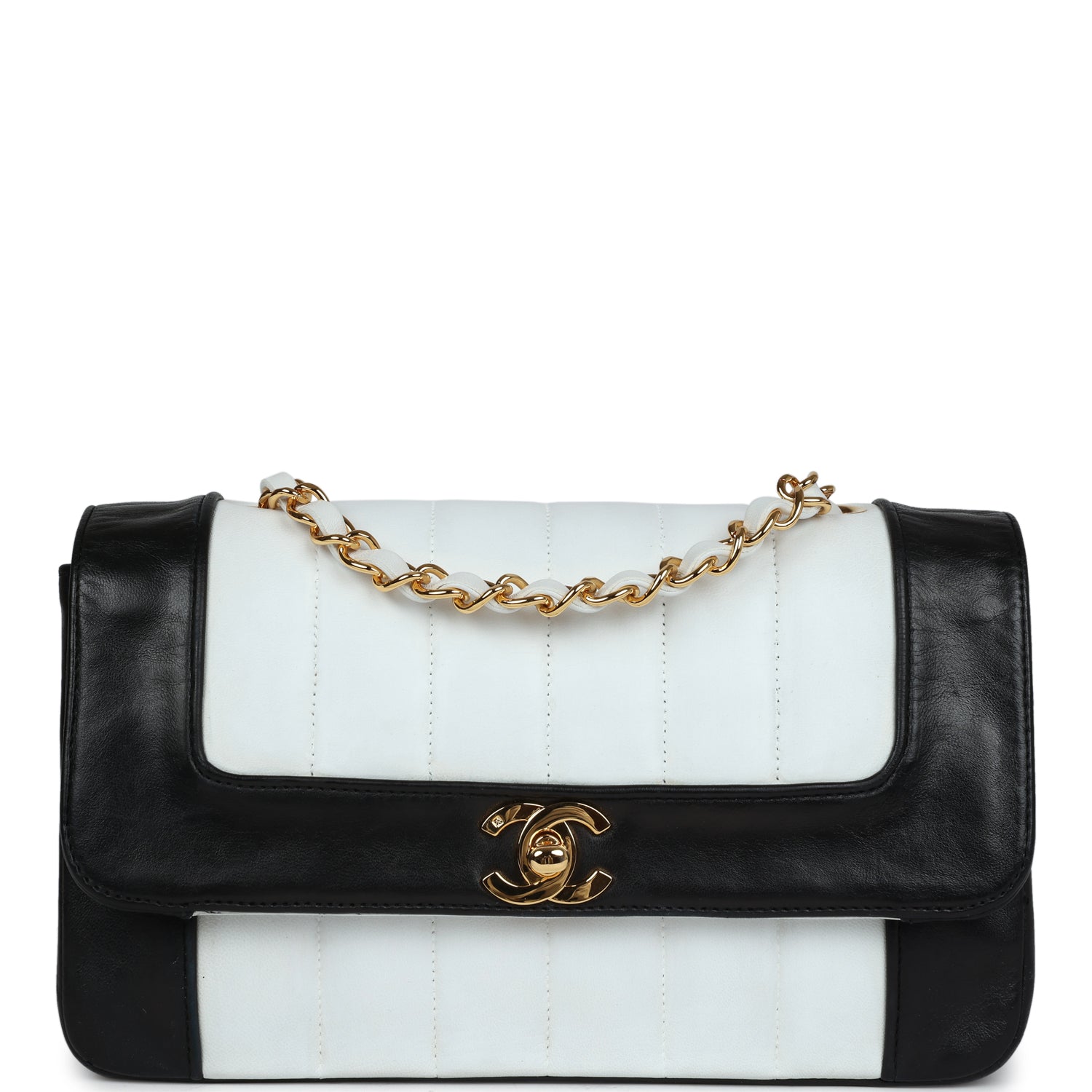 Chanel Small Mademoiselle Flap White and Navy Lambskin Gold Hardware Handbag