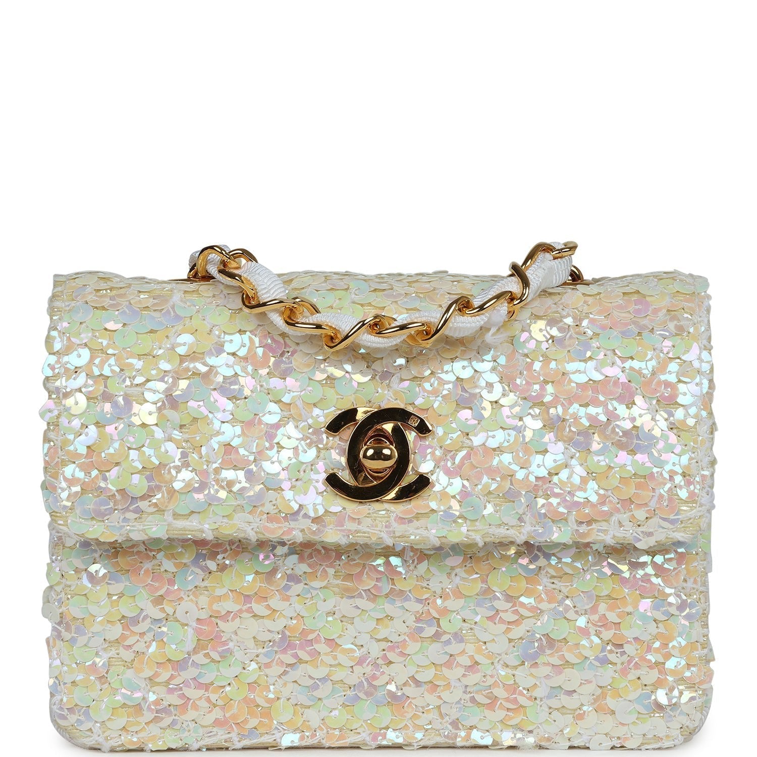 Chanel Micro Half Flap Iridescent Ivory Sequin Gold Hardware Handbag