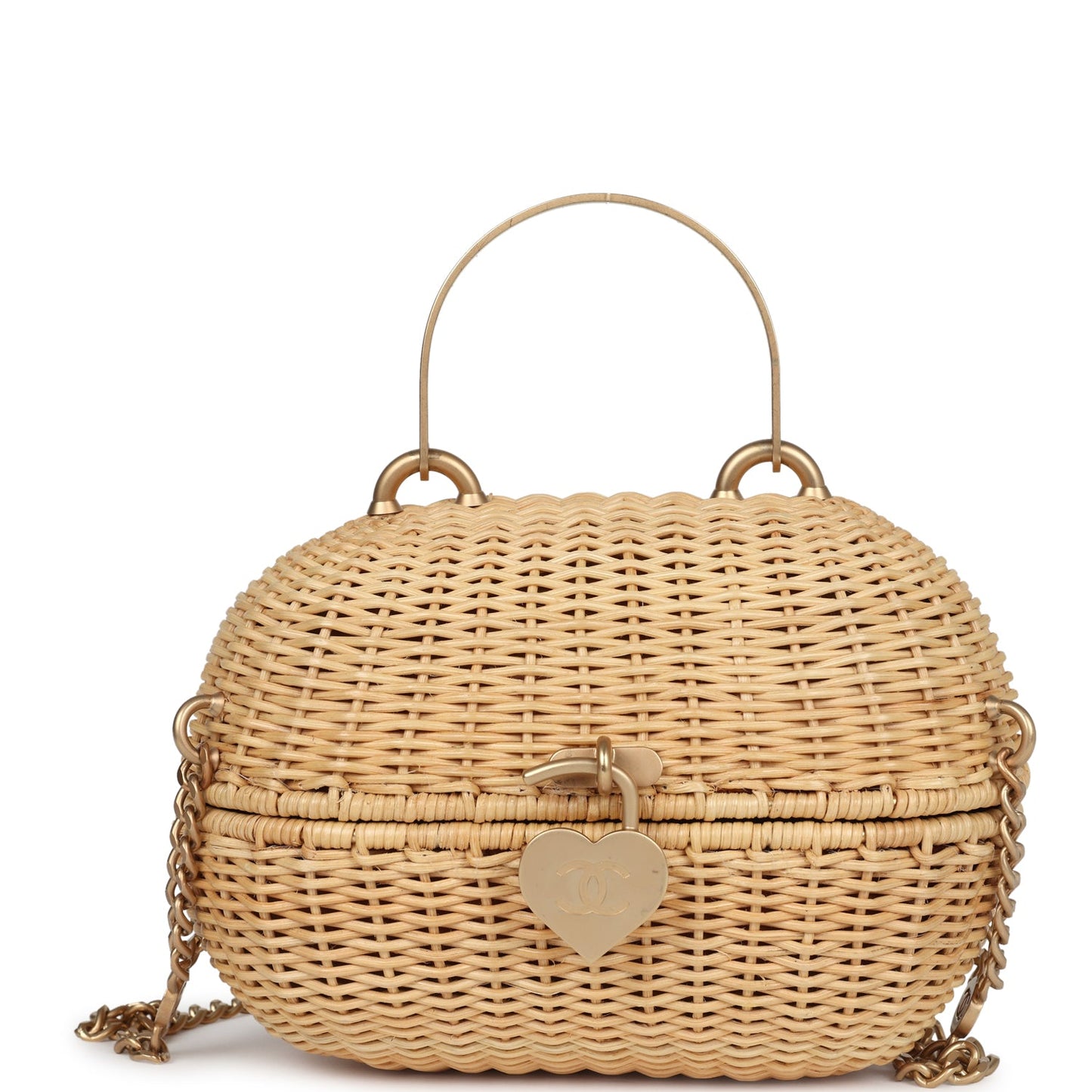 Chanel Small Heart Lock Basket Bag Natural Wicker Brushed Gold Hardware