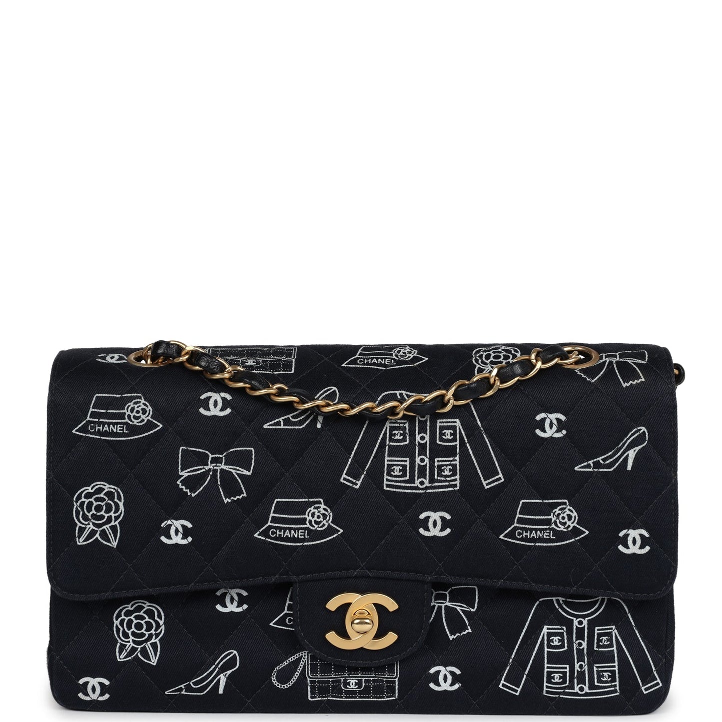   Chanel Medium Icon Print Double Flap Bag Navy Canvas Brushed Gold Hardware
