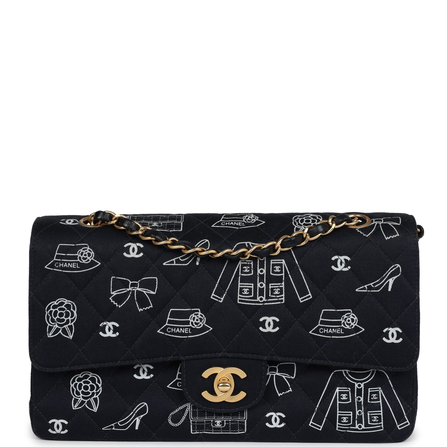   Chanel Medium Icon Print Double Flap Bag Navy Canvas Brushed Gold Hardware