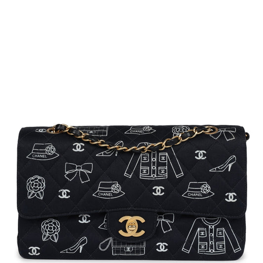   Chanel Medium Icon Print Double Flap Bag Navy Canvas Brushed Gold Hardware