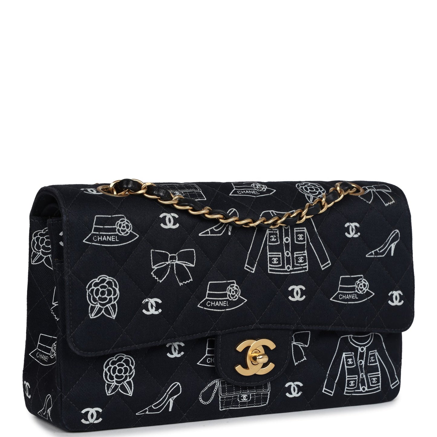   Chanel Medium Icon Print Double Flap Bag Navy Canvas Brushed Gold Hardware