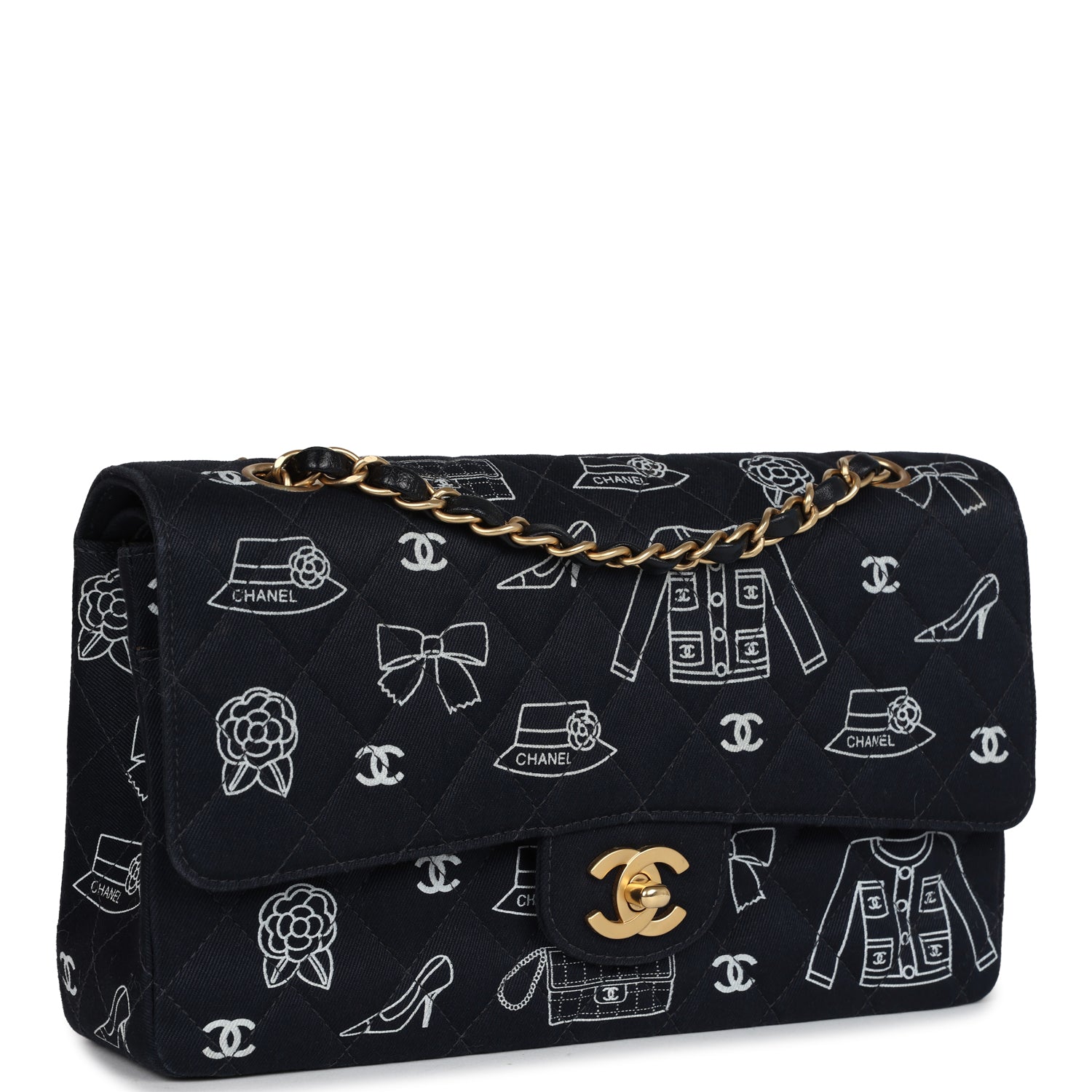   Chanel Medium Icon Print Double Flap Bag Navy Canvas Brushed Gold Hardware