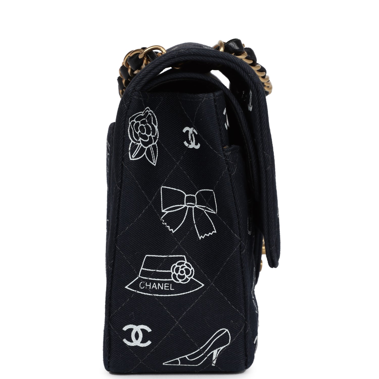   Chanel Medium Icon Print Double Flap Bag Navy Canvas Brushed Gold Hardware