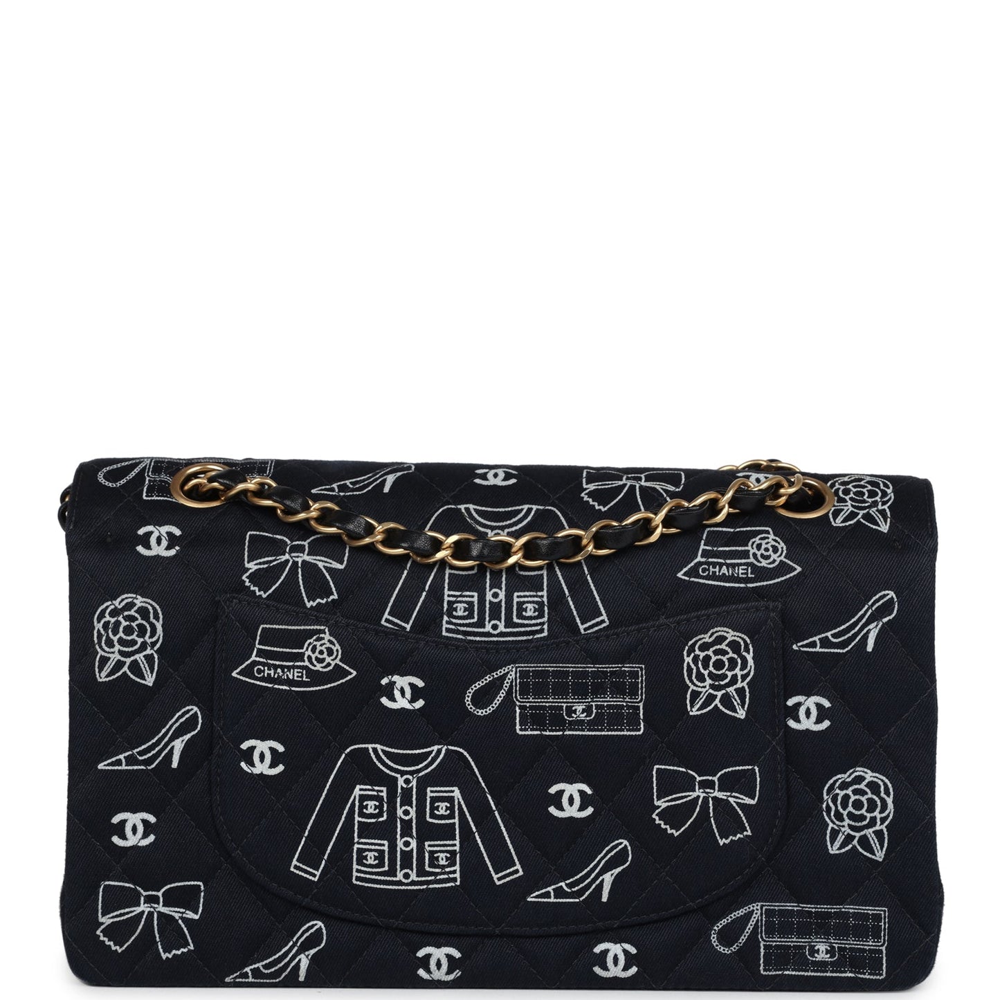   Chanel Medium Icon Print Double Flap Bag Navy Canvas Brushed Gold Hardware