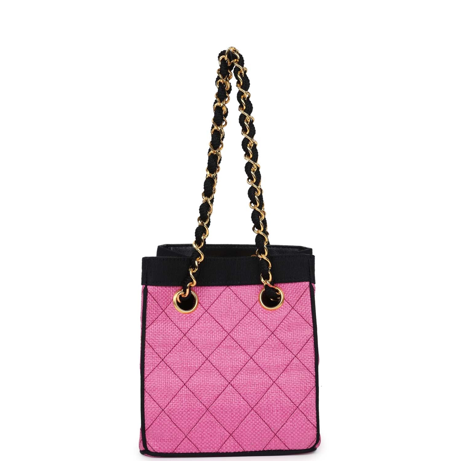   Chanel Set of Two Mini Bucket Bag & Oval Handbag Pink and Black Raffia Gold Hardware