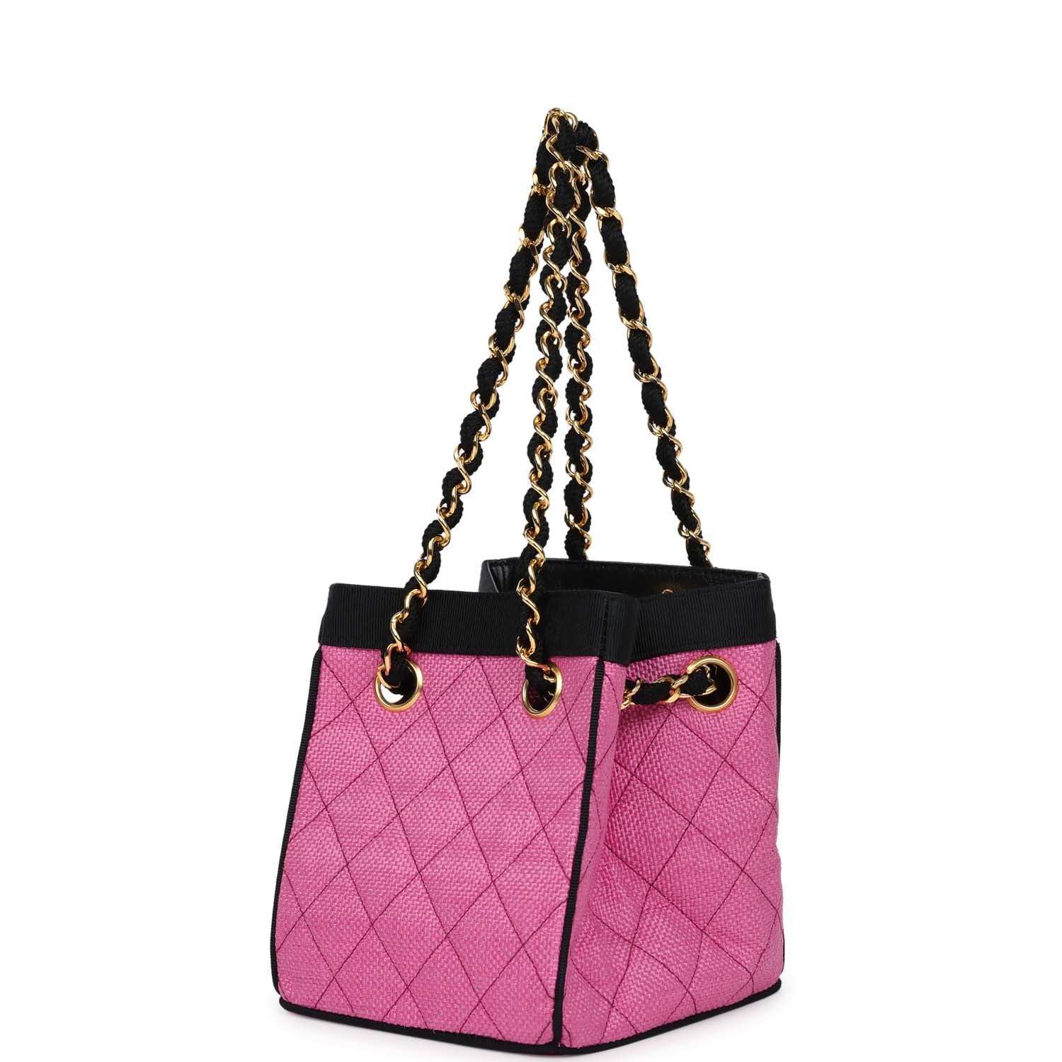   Chanel Set of Two Mini Bucket Bag & Oval Handbag Pink and Black Raffia Gold Hardware