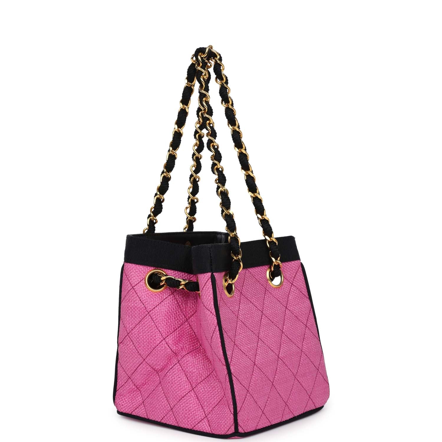   Chanel Set of Two Mini Bucket Bag & Oval Handbag Pink and Black Raffia Gold Hardware