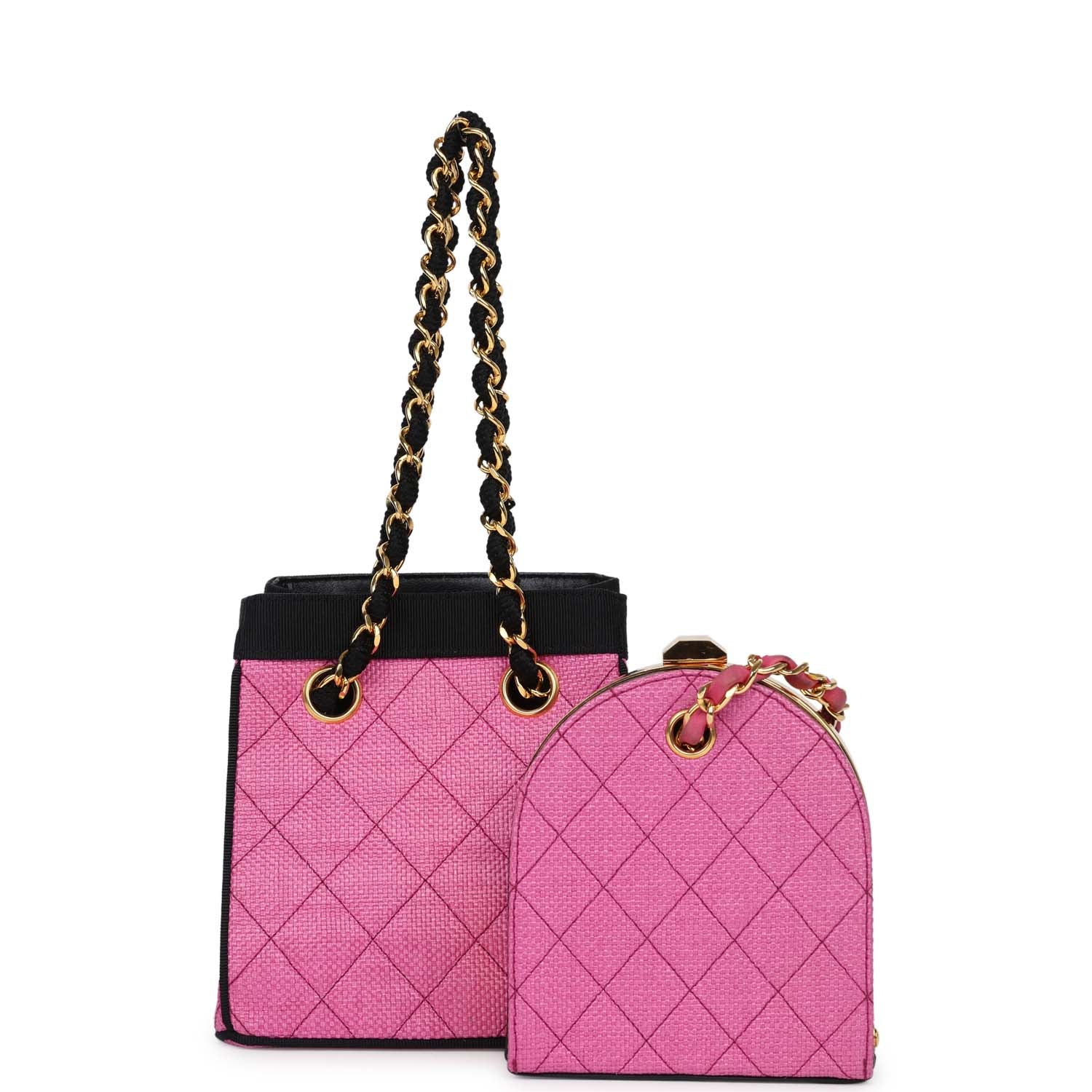   Chanel Set of Two Mini Bucket Bag & Oval Handbag Pink and Black Raffia Gold Hardware