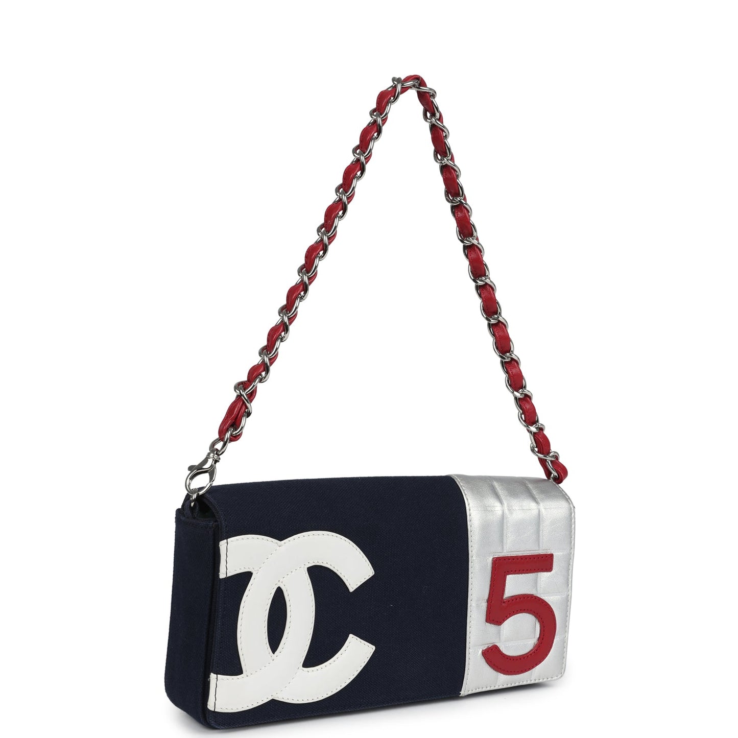   Chanel N0.5 Chain Shoulder Bag Navy, Silver, Red Canvas Silver Hardware