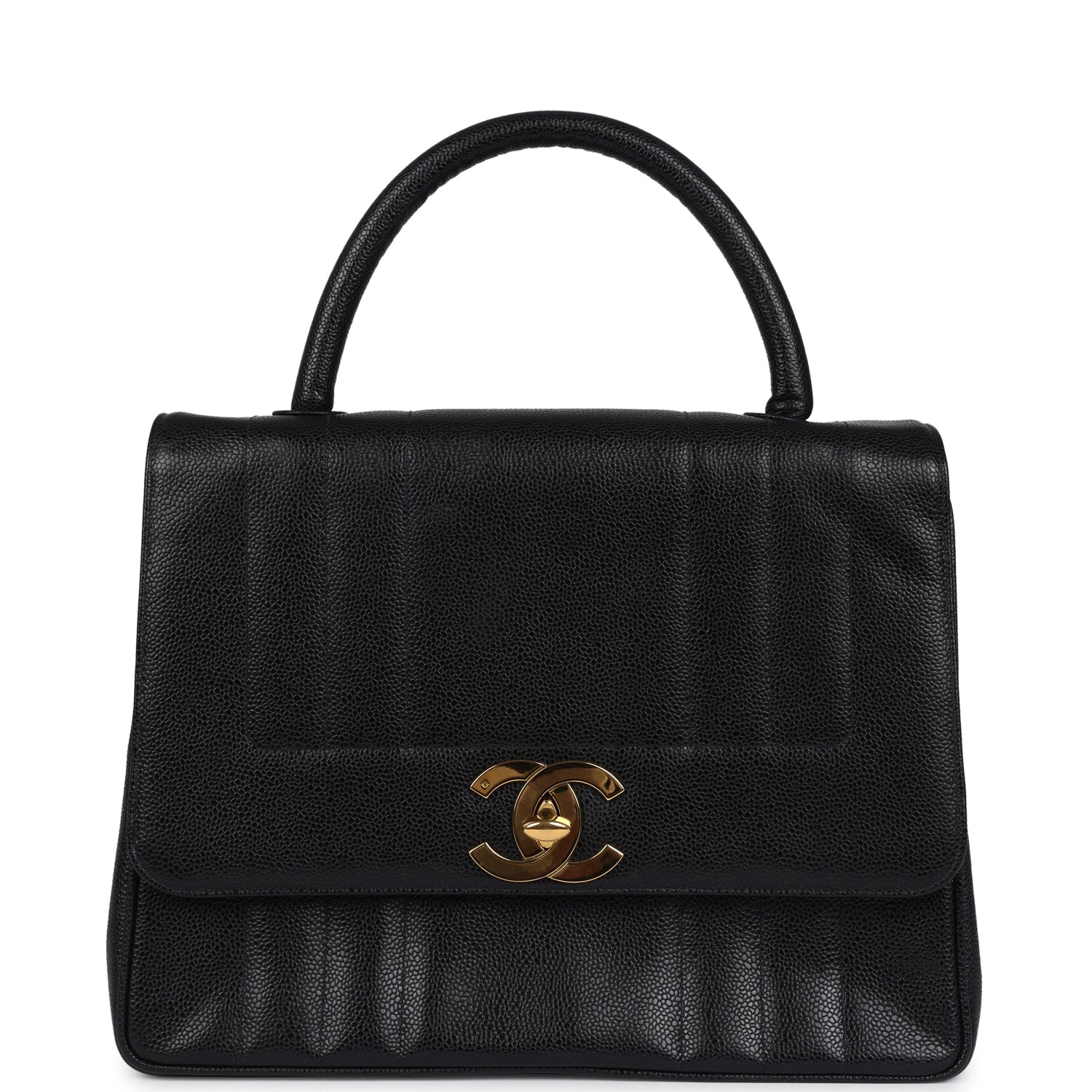   Chanel Vertical Stripe Kelly Flap Bag Black Caviar Gold Hardware