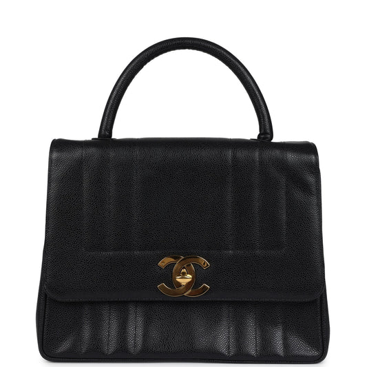   Chanel Vertical Stripe Kelly Flap Bag Black Caviar Gold Hardware