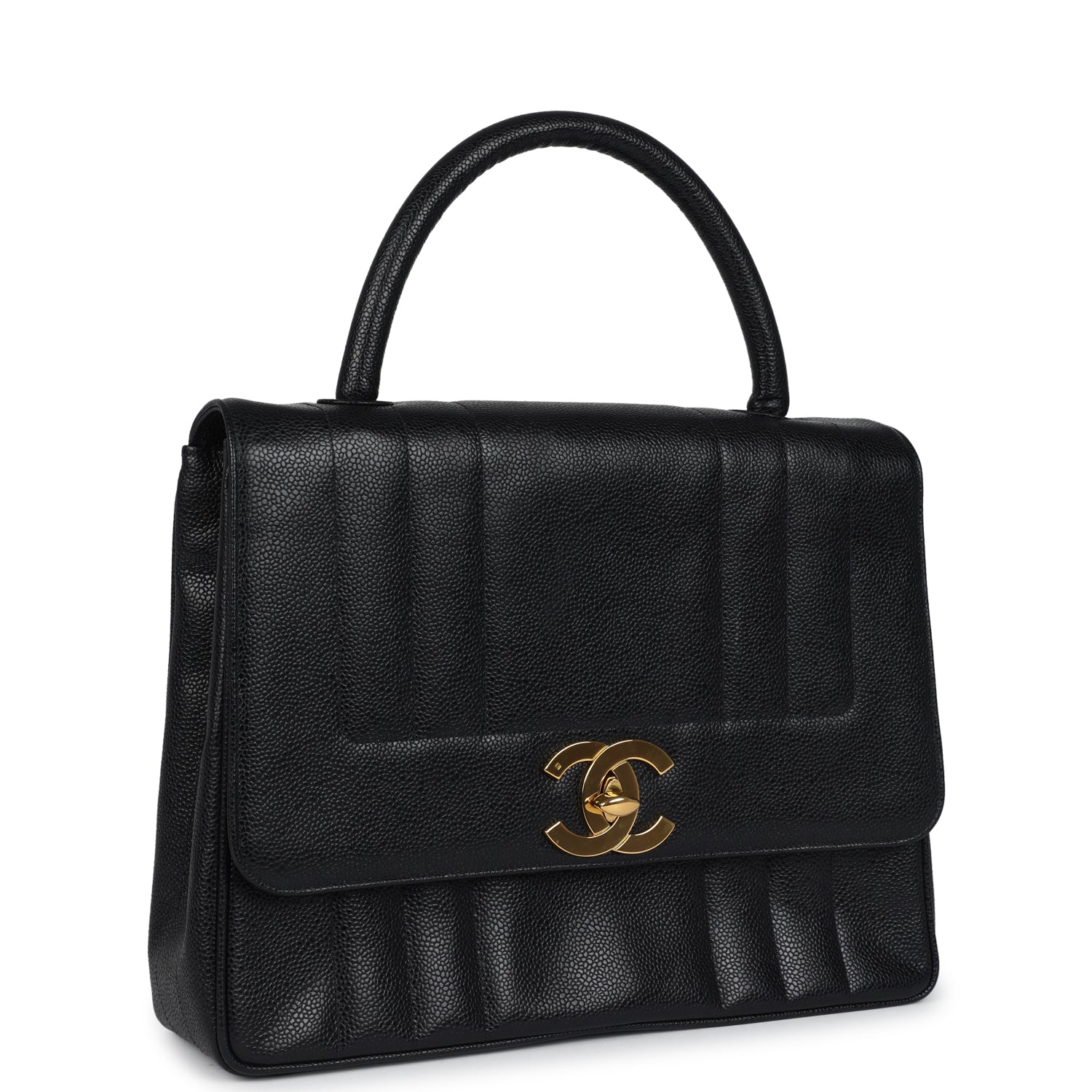   Chanel Vertical Stripe Kelly Flap Bag Black Caviar Gold Hardware