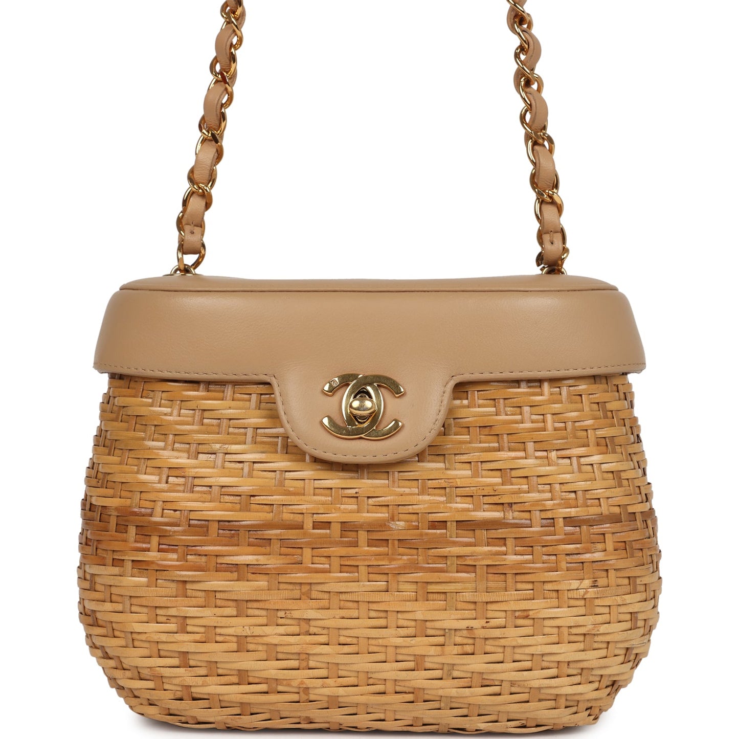   Chanel Basket Bag Beige Lambskin and Rattan Wicker Gold Hardware