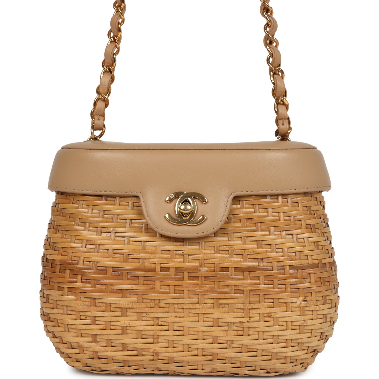   Chanel Basket Bag Beige Lambskin and Rattan Wicker Gold Hardware
