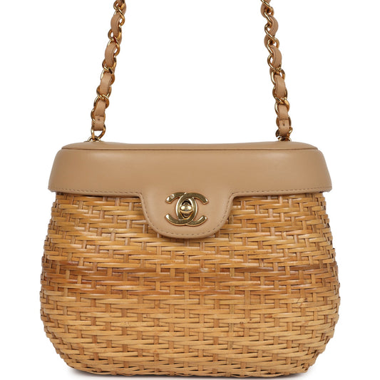   Chanel Basket Bag Beige Lambskin and Rattan Wicker Gold Hardware