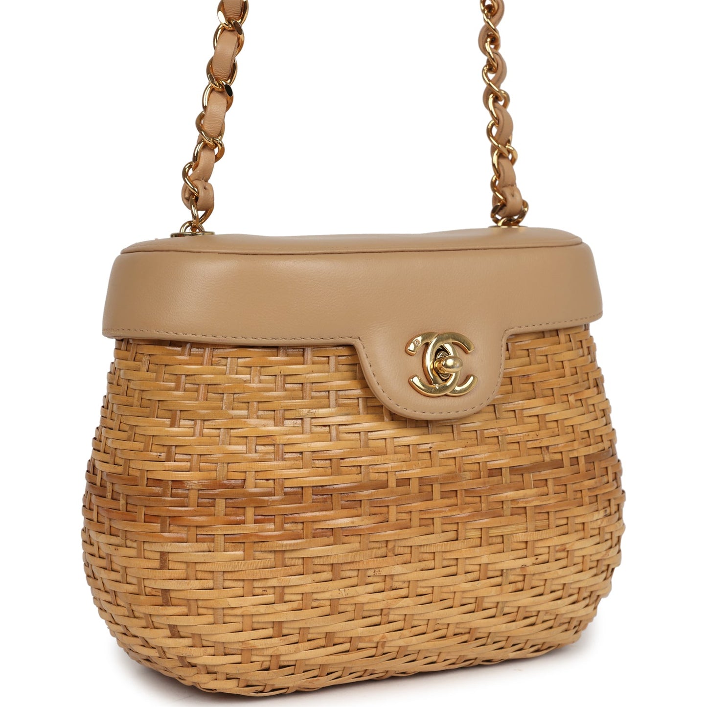   Chanel Basket Bag Beige Lambskin and Rattan Wicker Gold Hardware