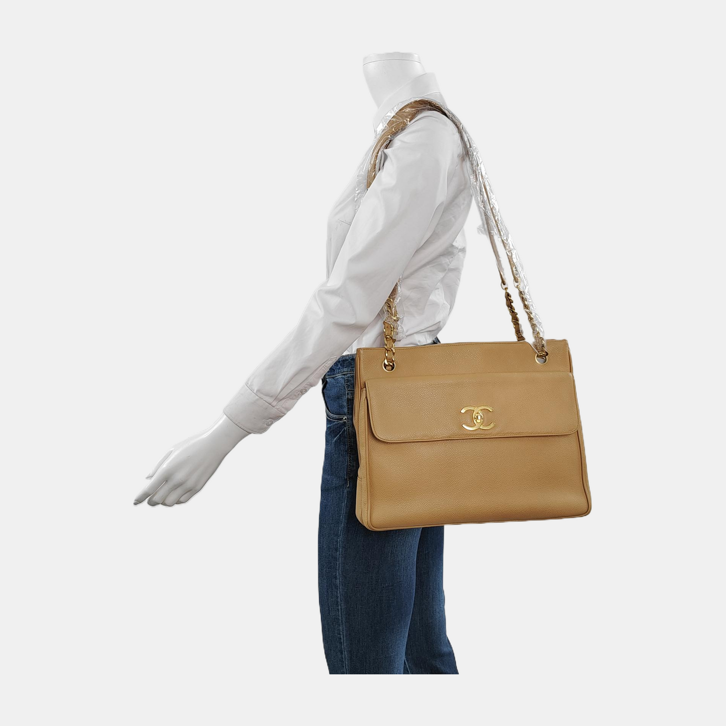 Chanel Front Pocket Caviar Double Gold Beige Leather Tote Bag