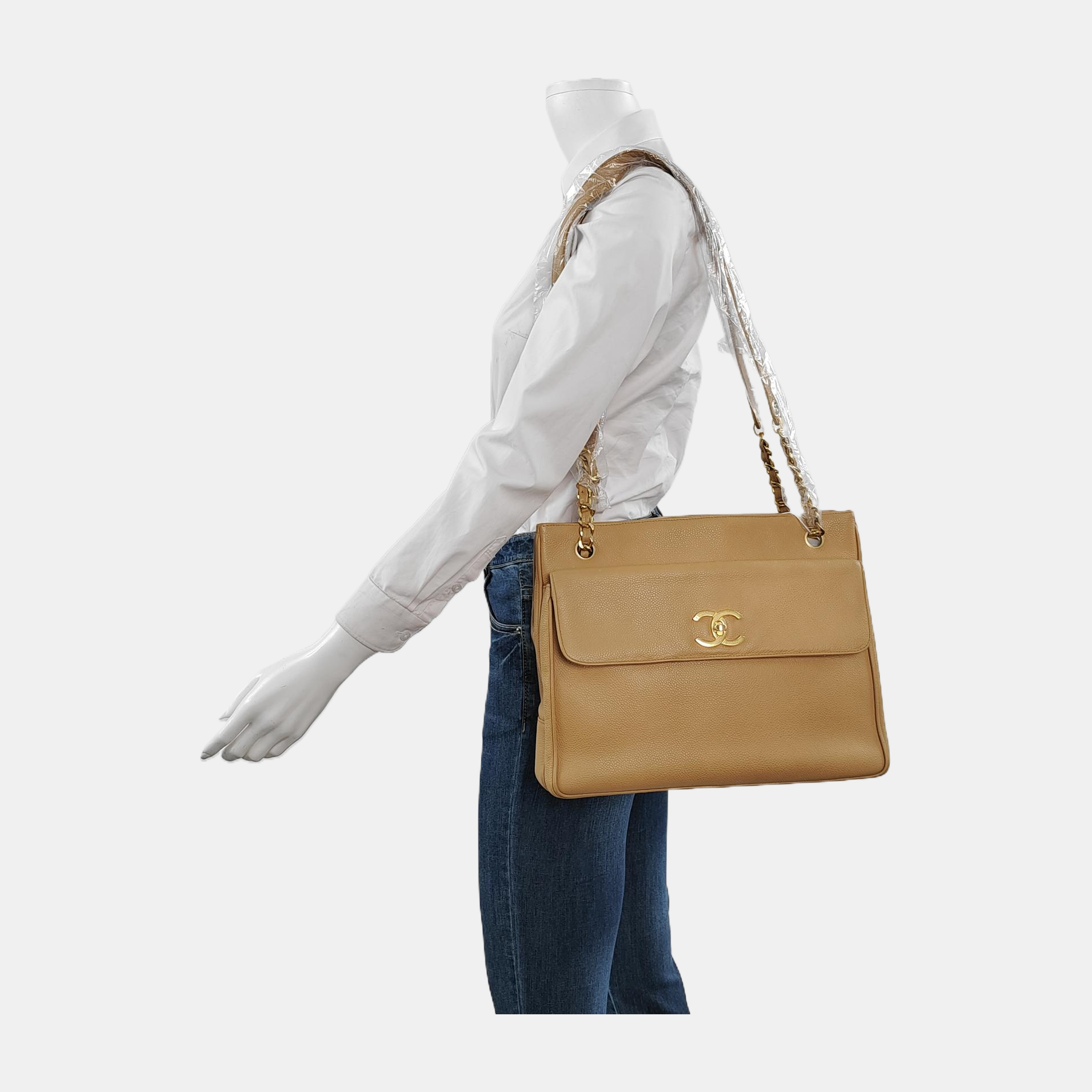 Chanel Front Pocket Caviar Double Gold Beige Leather Tote Bag