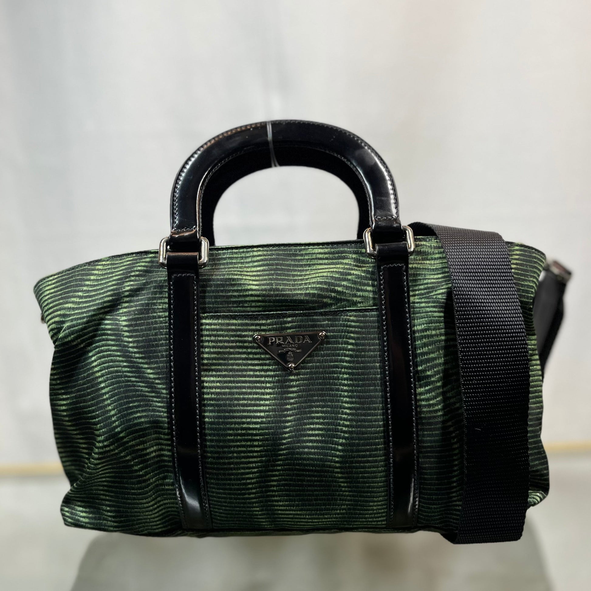 Prada Striped Two Way Tote Bags Nylon Black Green
