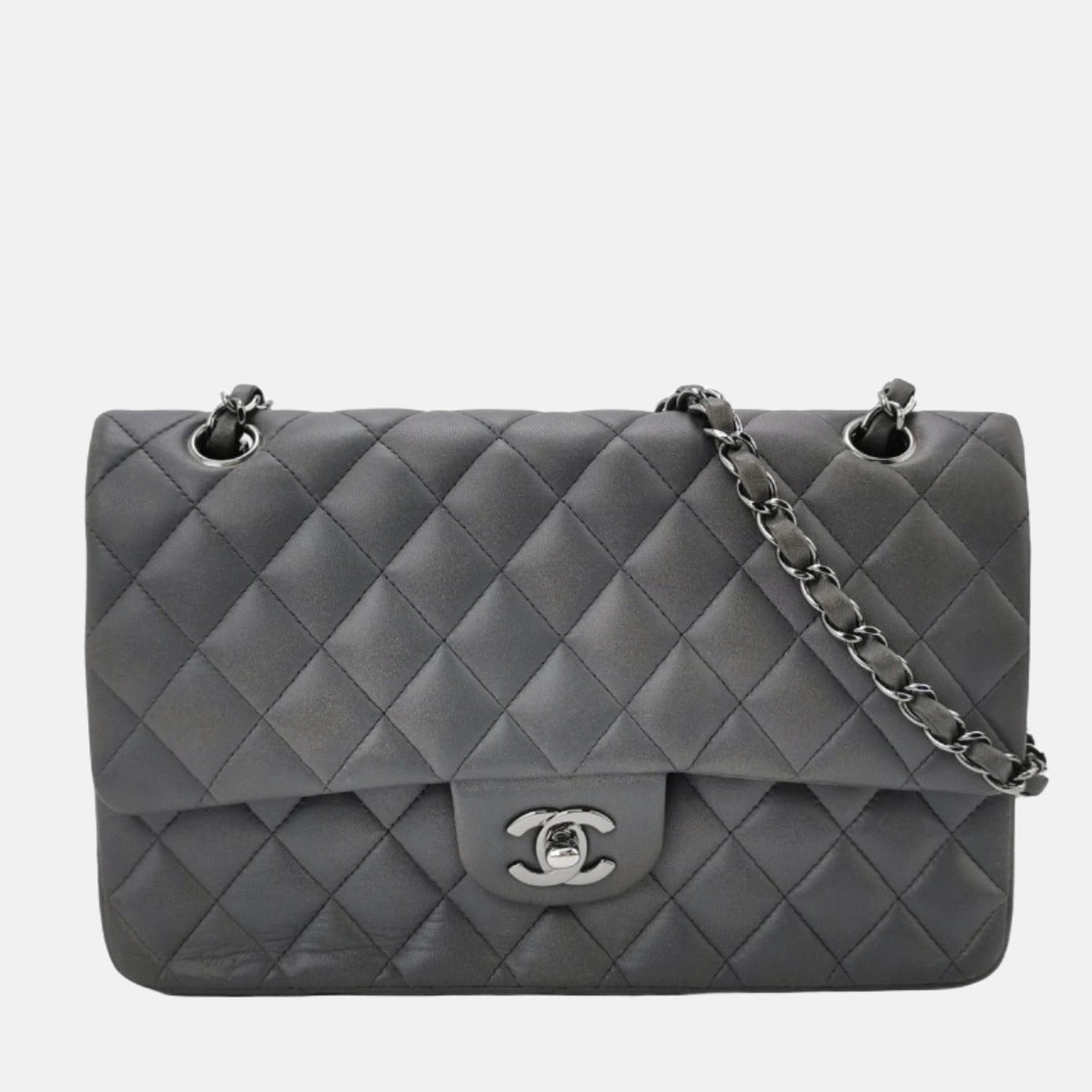 Chanel Classic Flap Lambskin Hardware Silver Grey Leather Handbag Silver Hardware
