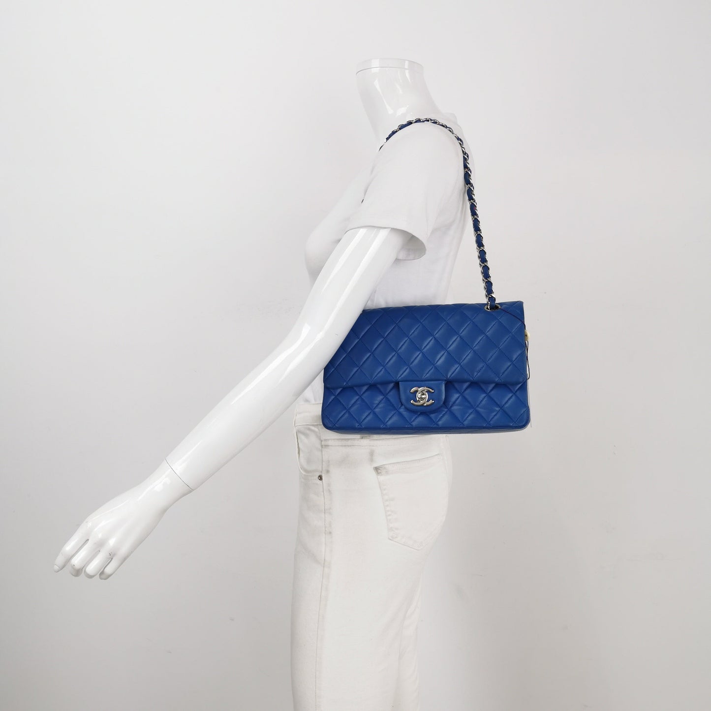 Chanel Timeless Classic Flap Lambskin Hardware Blue Silver Leather Handbag