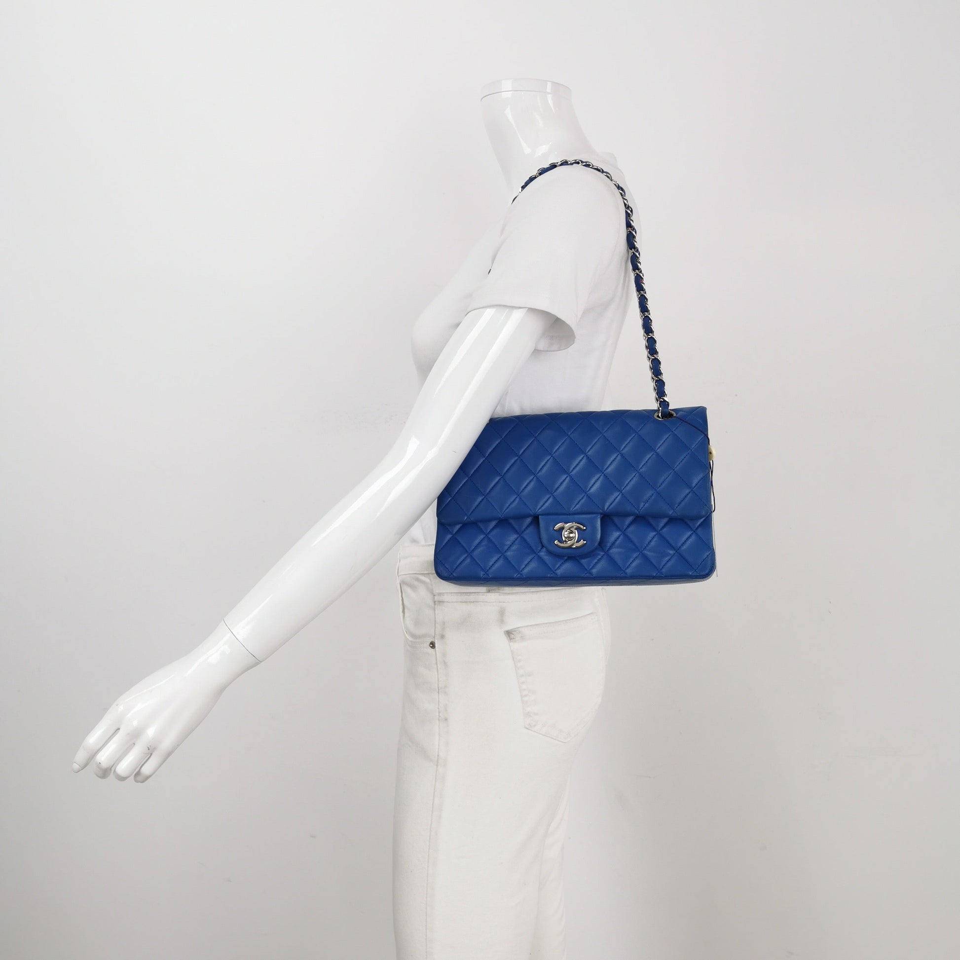 Chanel Timeless Classic Flap Lambskin Hardware Blue Silver Leather Handbag
